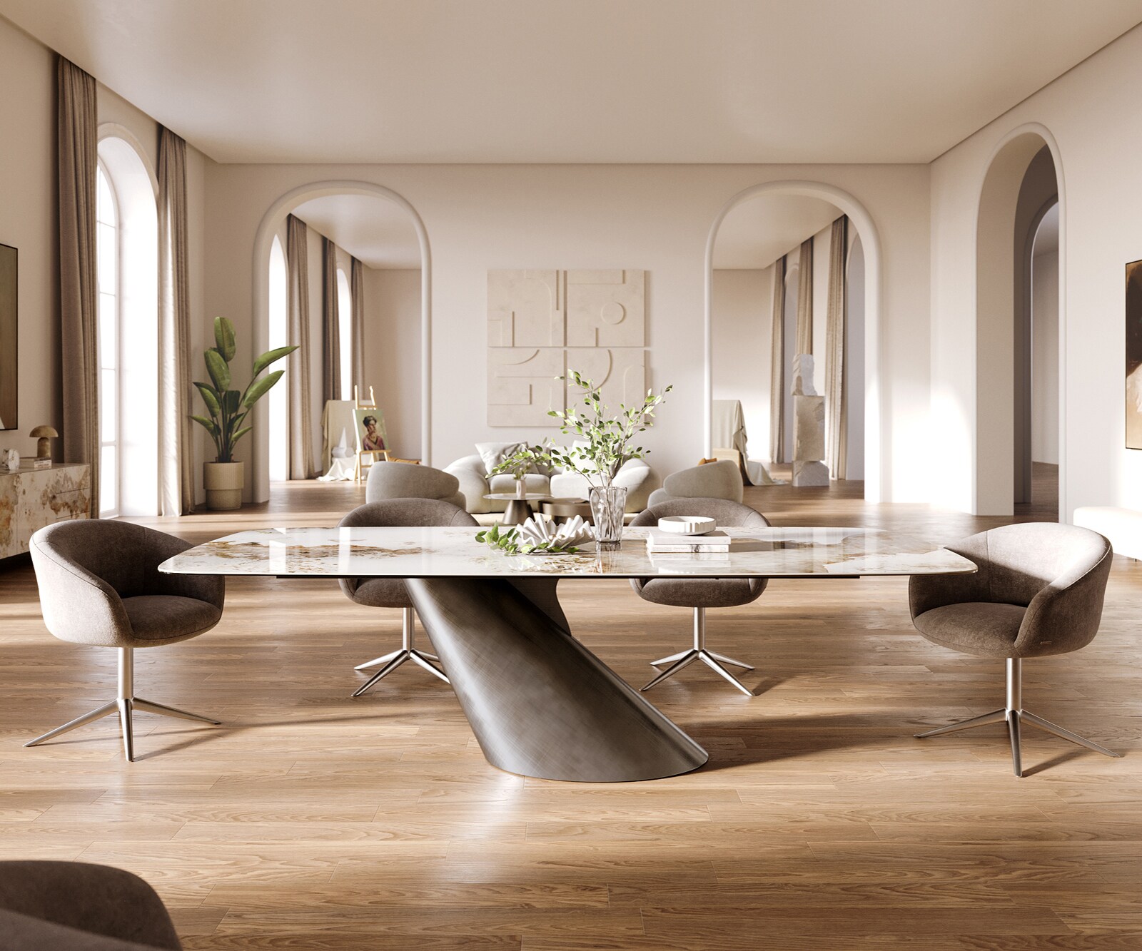 Esstisch Edge Boot 260x120 cm Keramik Minas Melange Weiß-Beige Cono Metallic Silber 1