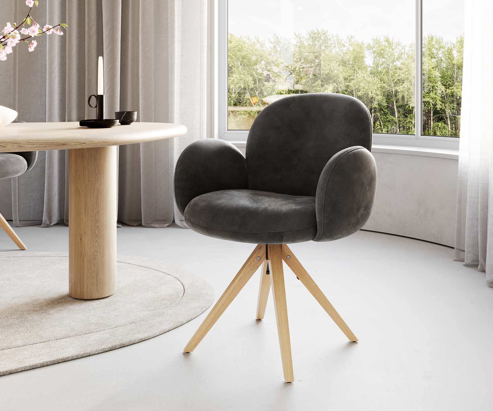Drehstuhl Nube-Flex mit Armlehnen Mikrofaser Anthrazit Vintage Holzgestell kantig Natur 180° drehbar Taschenfederkern