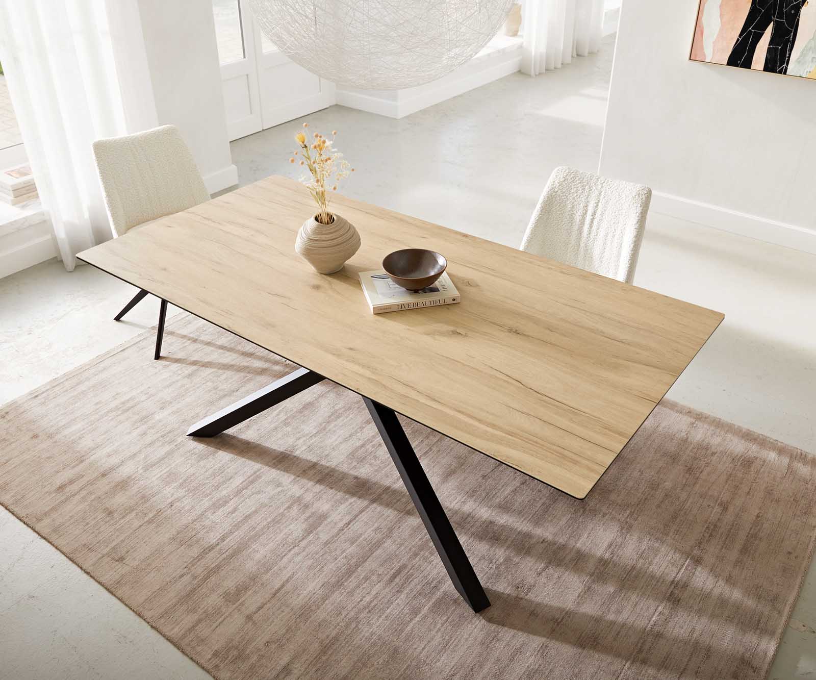 Esstisch Edge 200x100 Keramik Laminam® Sabbia Eichefarbig Kreuzgestell Rechteck Schwarz 3