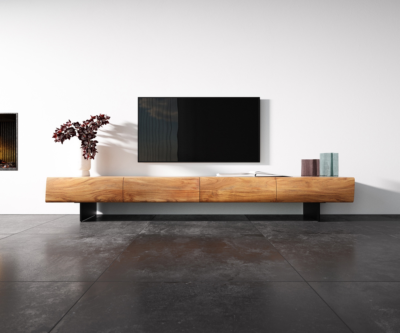Meuble-TV New Live-Edge 240 cm acacia naturel 4 tiroirs pied flottant métal noir 3 Meuble-TV New Live-Edge 240 cm acacia naturel 4 tiroirs pied flottant métal noir 3
