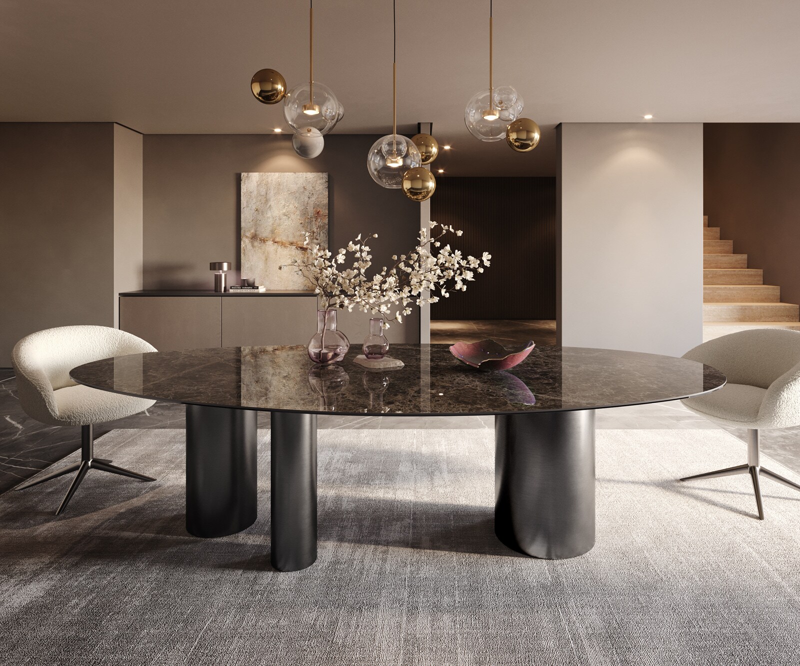 Table de salle à manger Edge Ovale Céramique Emperador Extra Lucidato Brun foncé 280x130 Troa Acier inoxydable Graphite 2