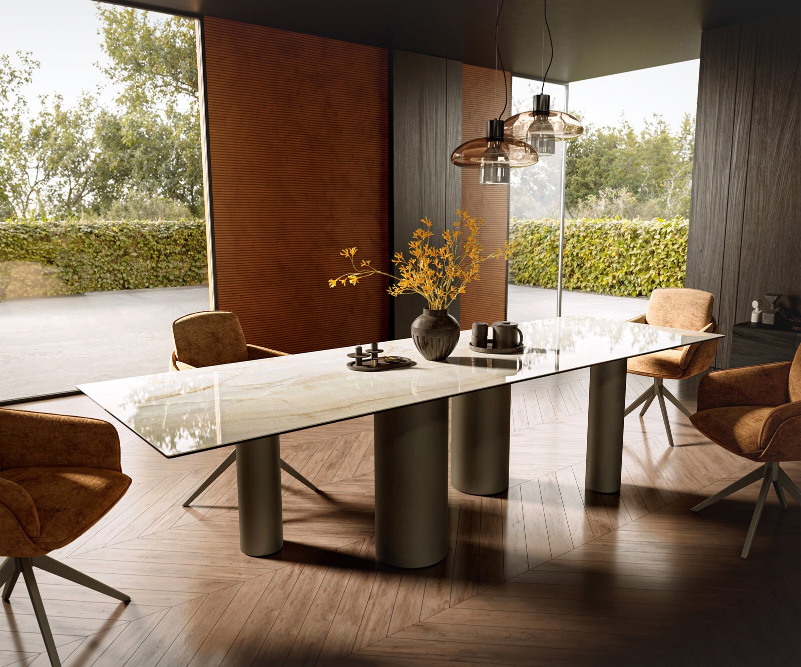 Esstisch Edge 300x100 Keramik Laminam® Onice Oro ​Pilier Metall Effektfinish Titan