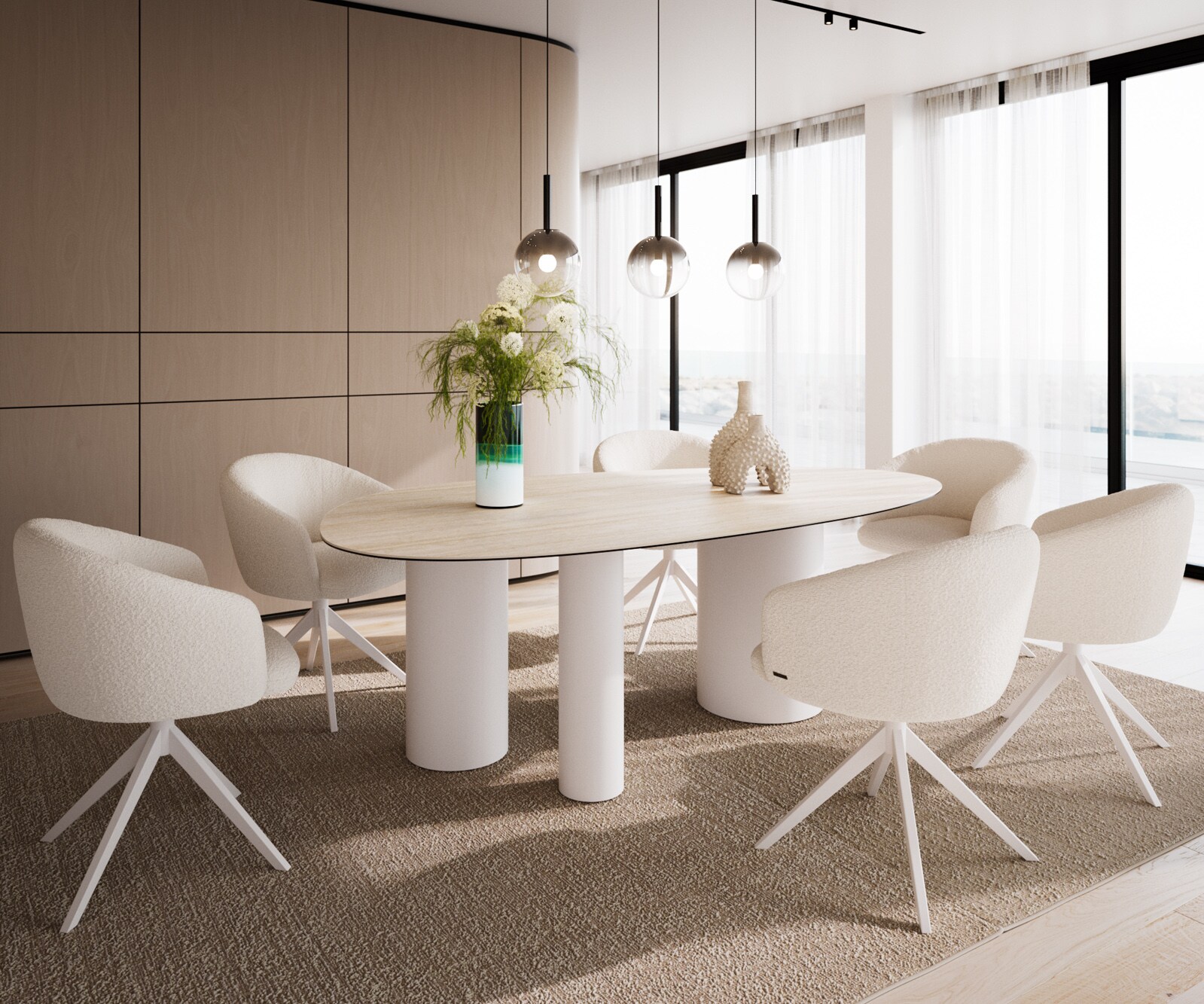 Esstisch Edge Oval 220x120 Keramik Laminam® Travertino Bianco Creme-Weiß Troa Metall Weiß 5
