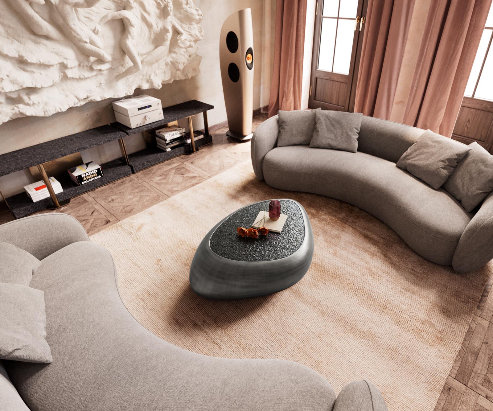 Couchtisch Sagana 120x80 cm Metallic Silber mit Reliefglas Grau 5