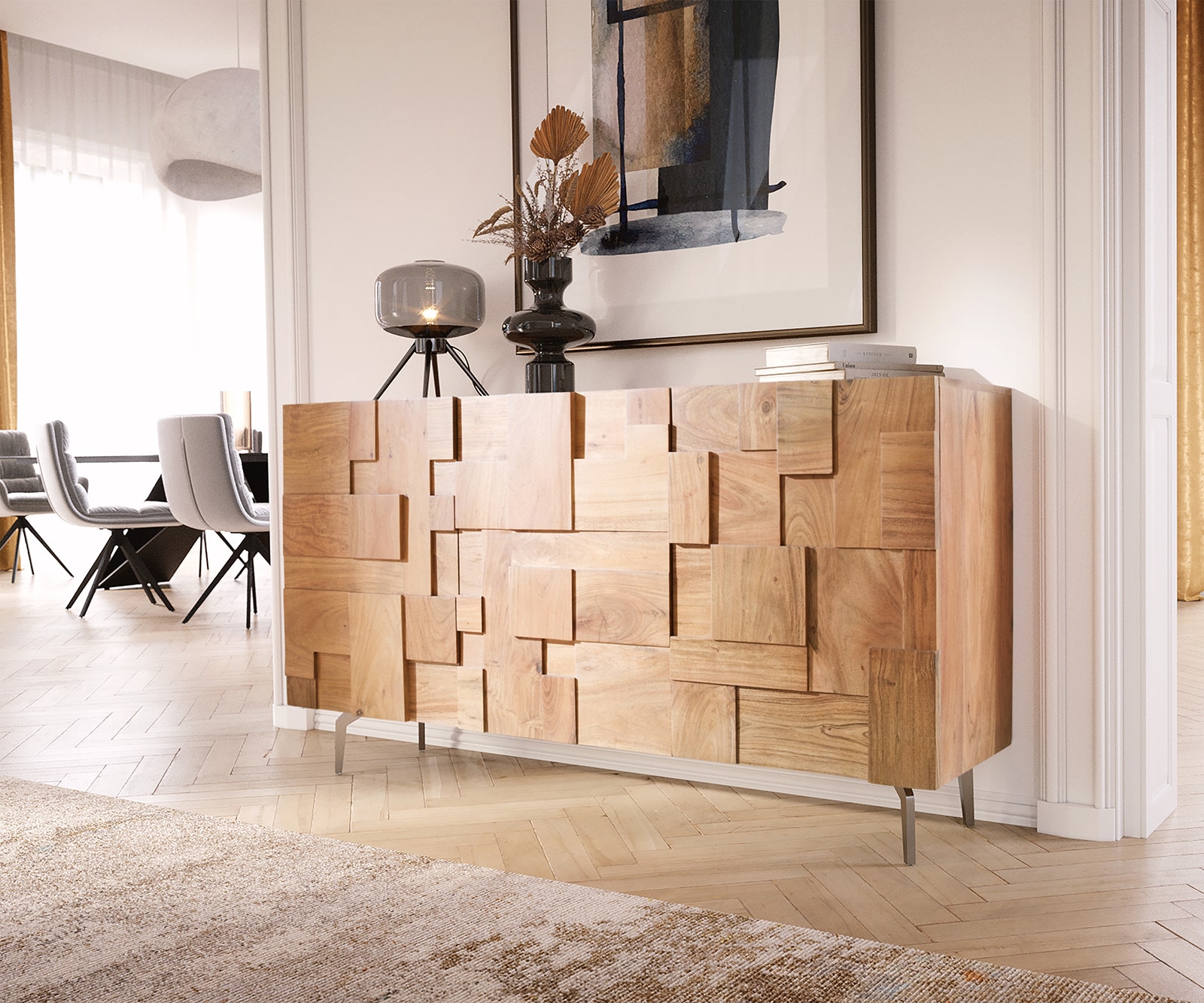 Sideboard Puzzle 145 cm Akazie Natur Winkelfuß Edelstahl Sideboard Puzzle 145 cm Akazie Natur Winkelfuß Edelstahl