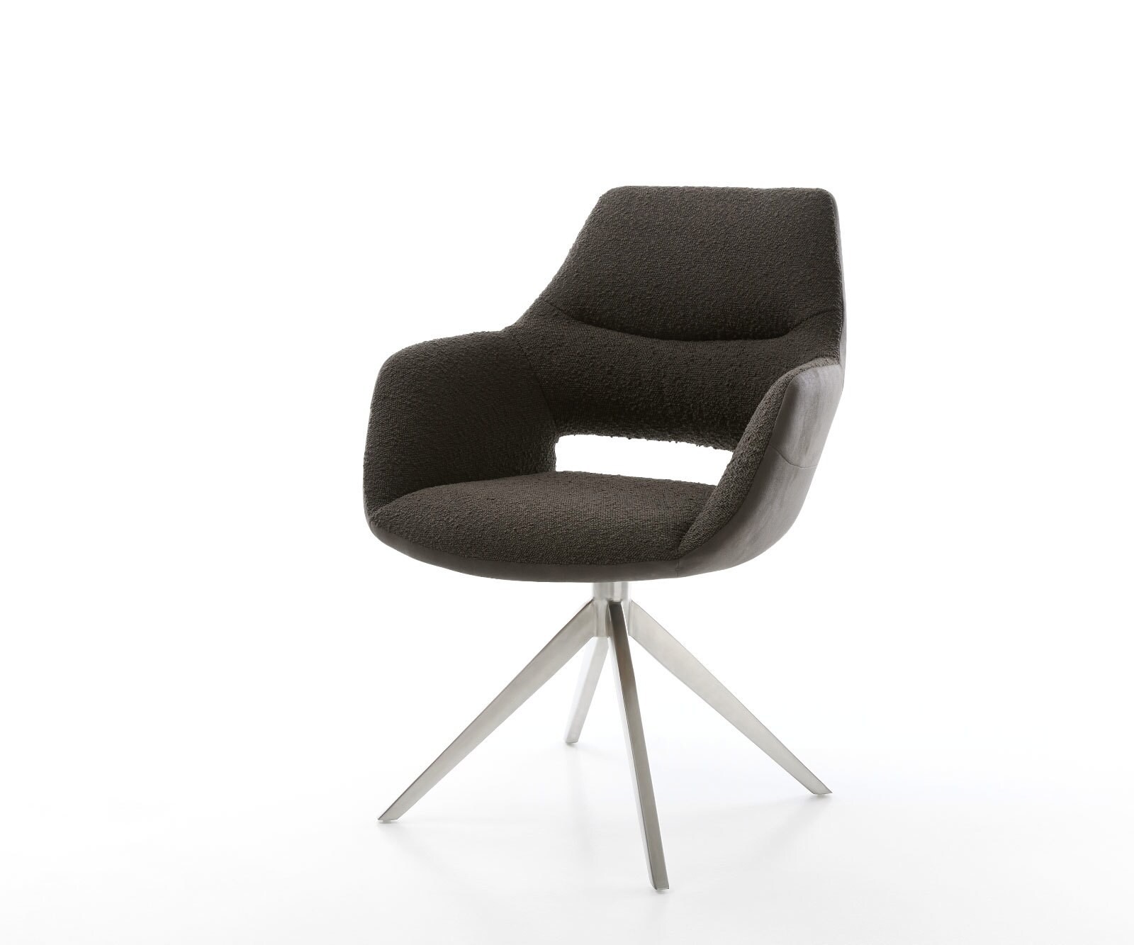 Chaise-pivotante Yago-Flex avec accoudoirs bouclé blanc cadre croisé large acier inoxydable pivote sur 360°