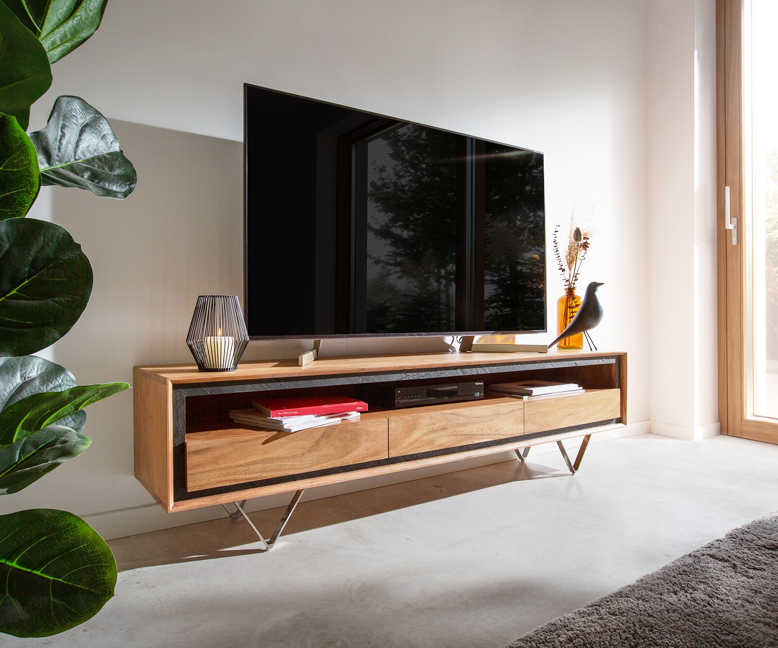 Meuble-TV Stonegrace 200 cm acacia nature 4 portes placage pierre flottant 4