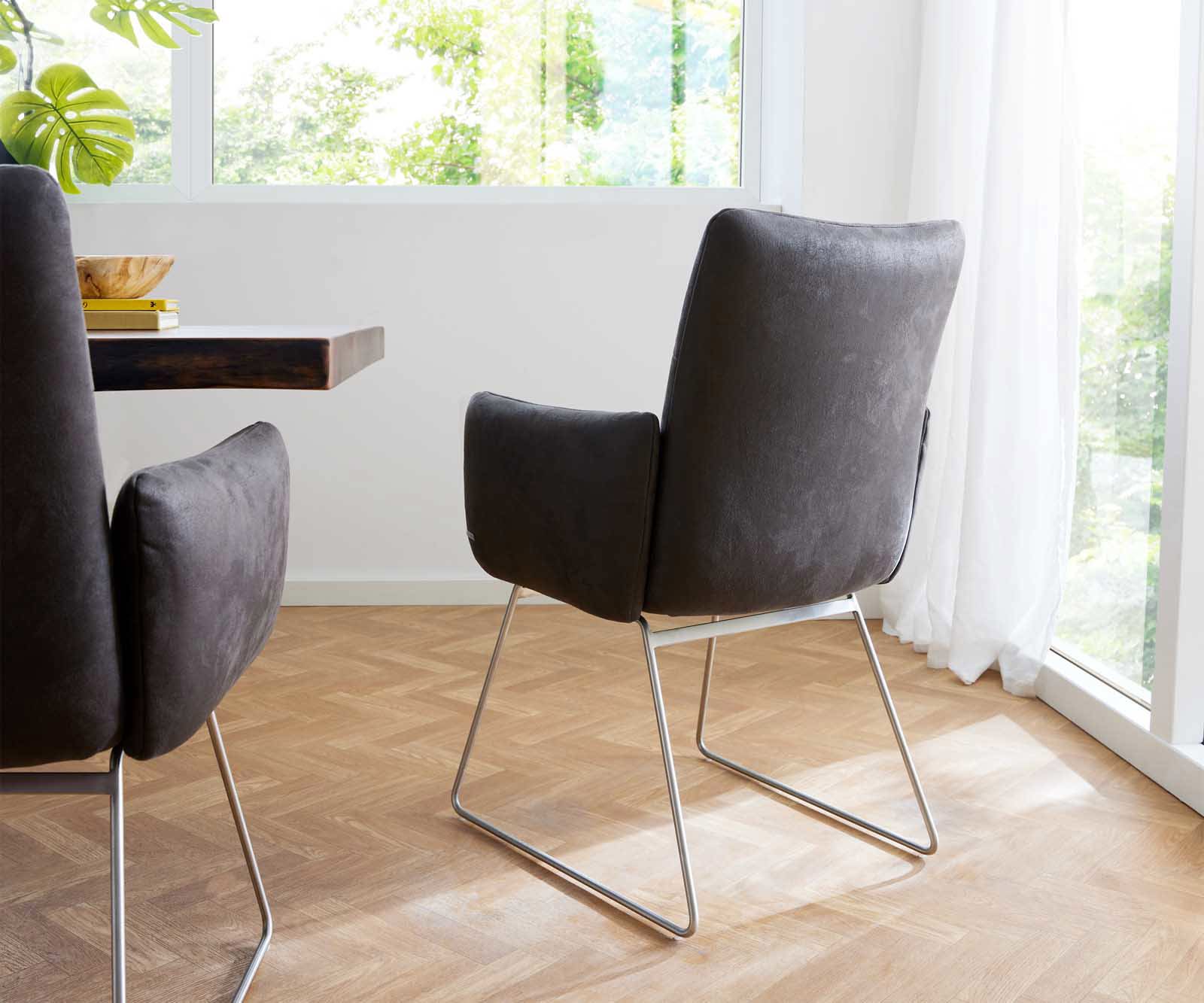 Chaise-de-salle-à-manger Jova-Flex avec accoudoirs microvelours anthracite vintage pied trapèze acier inoxydable brossé ressorts ensachés 5 Chaise-de-salle-à-manger Jova-Flex avec accoudoirs microvelours anthracite vintage pied trapèze acier inoxydable brossé ressorts ensachés 5