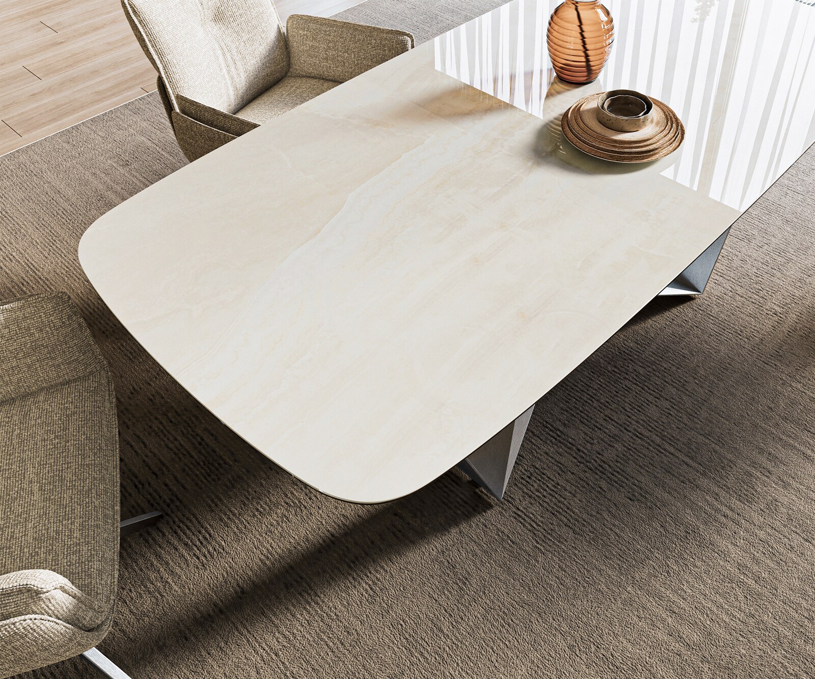 Esstisch Edge Boot 200x100 cm Keramik Onyx Champagne Spider Flachstahl Edelstahl Graphit 3