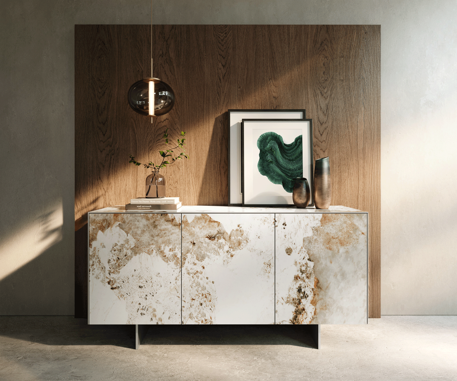 Buffet Cuor 150 cm Céramique Minas Melange Blanc-beige 3 Portes Pied optique flottant Ancier inoxydable 2