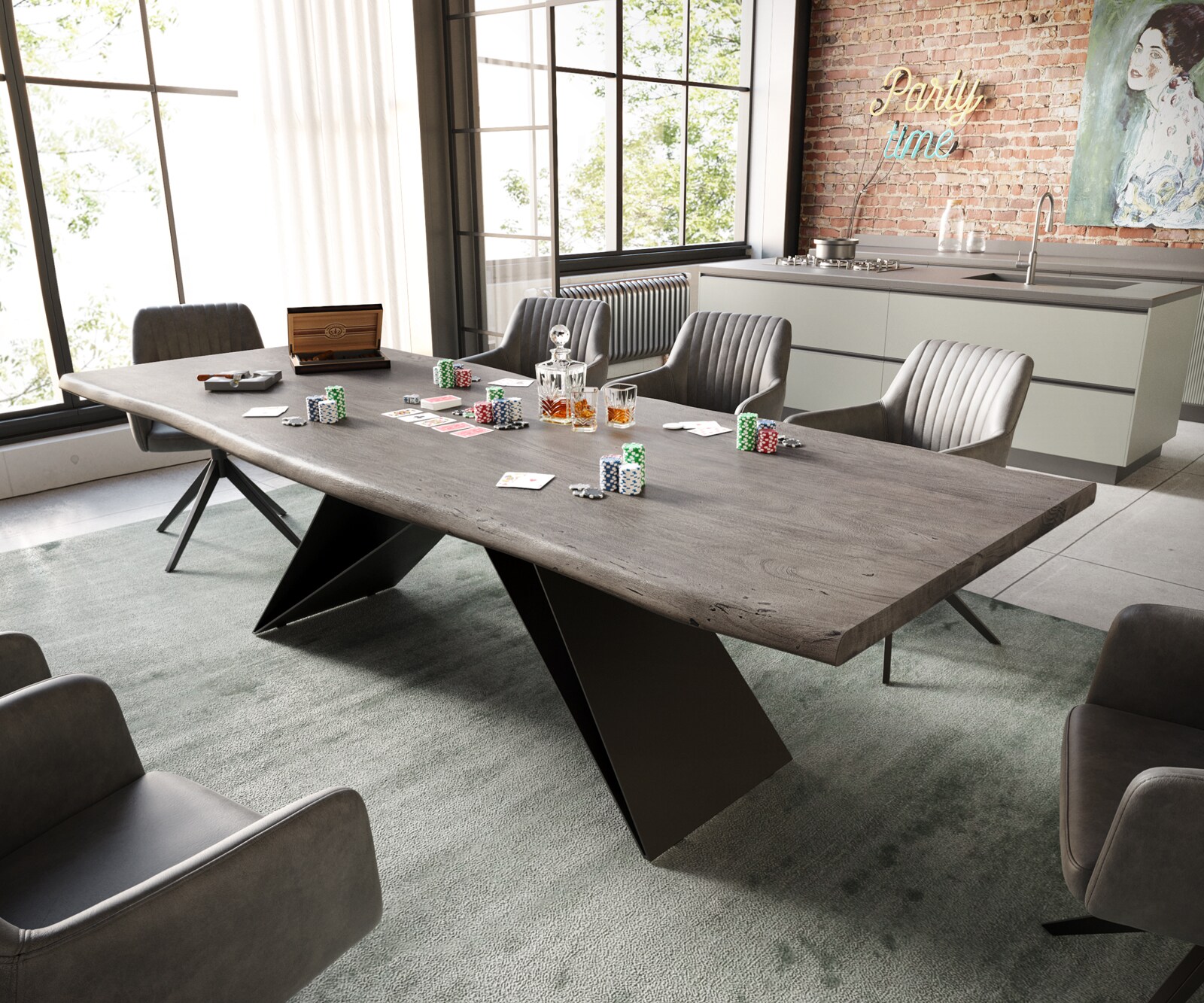 Esstisch Edge 260x100 Akazie Platin V-Gestell Flachstahl Schwarz Live-Edge 1