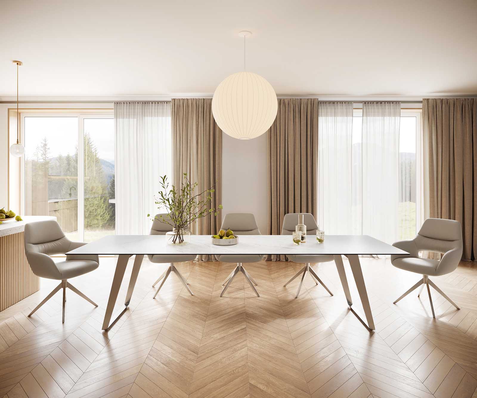 Esstisch Edge 300x100 Keramik Laminam® Statuarietto Weiß Edelstahl Schräg 1 Esstisch Edge 300x100 Keramik Laminam® Statuarietto Weiß Edelstahl Schräg 1