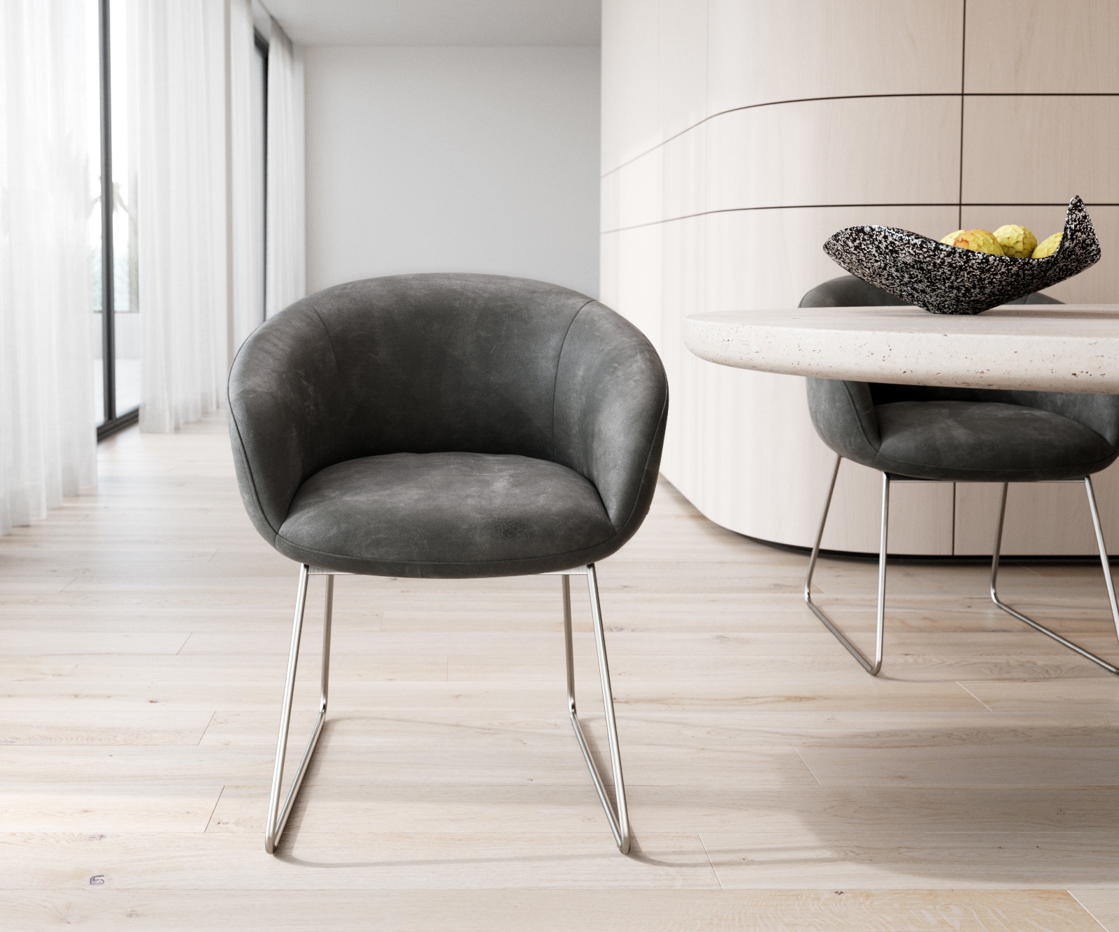 Esszimmerstuhl Vinka-Flex mit Armlehnen Mikrofaser Anthrazit Vintage Kufengestell Edelstahl Taschenfederkern 1 Esszimmerstuhl Vinka-Flex mit Armlehnen Mikrofaser Anthrazit Vintage Kufengestell Edelstahl Taschenfederkern 1