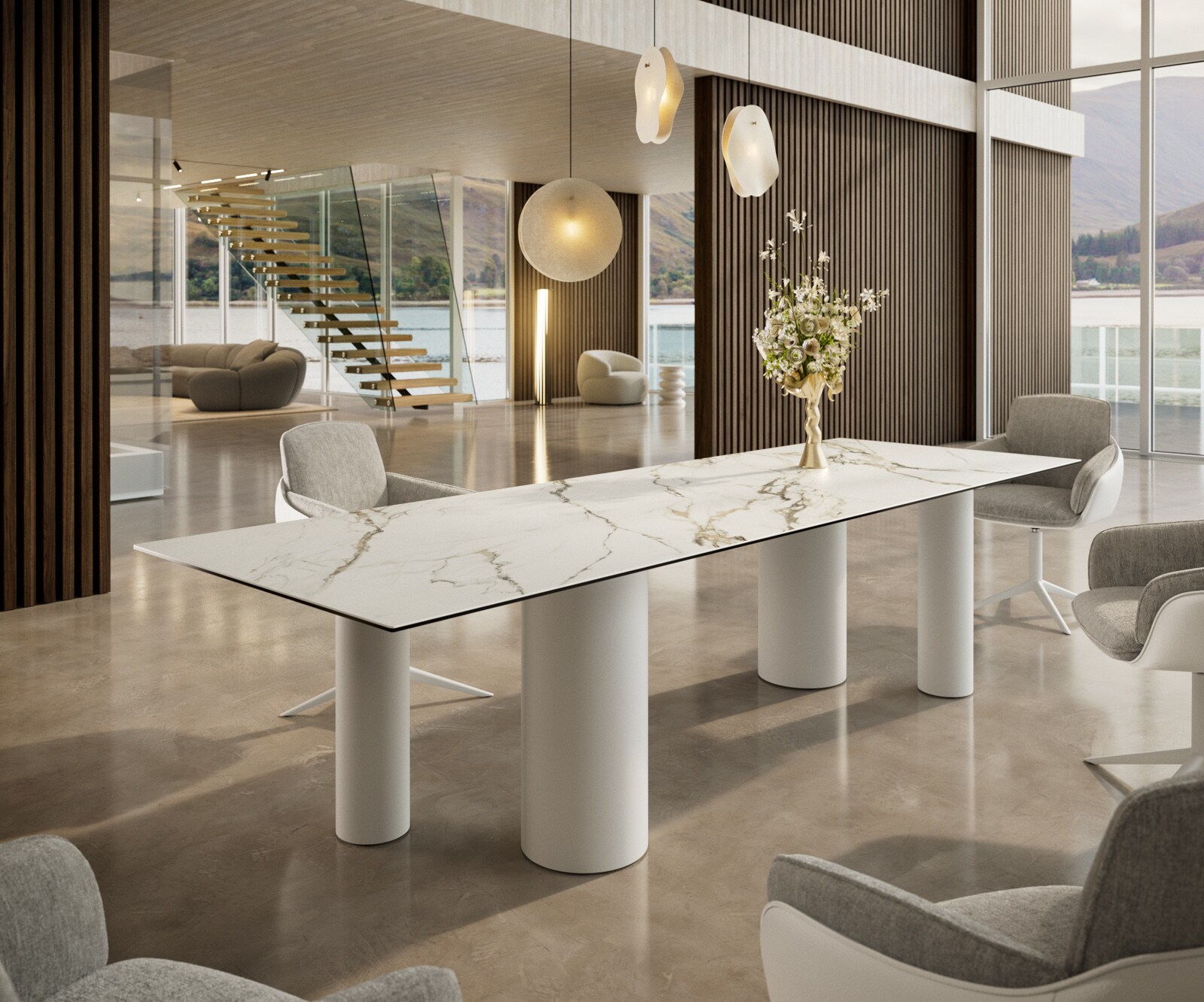 Esstisch Edge 300x100 Keramik Calacatta Luxe Weiß-Gold-Grau Pilier Metall Weiß 1