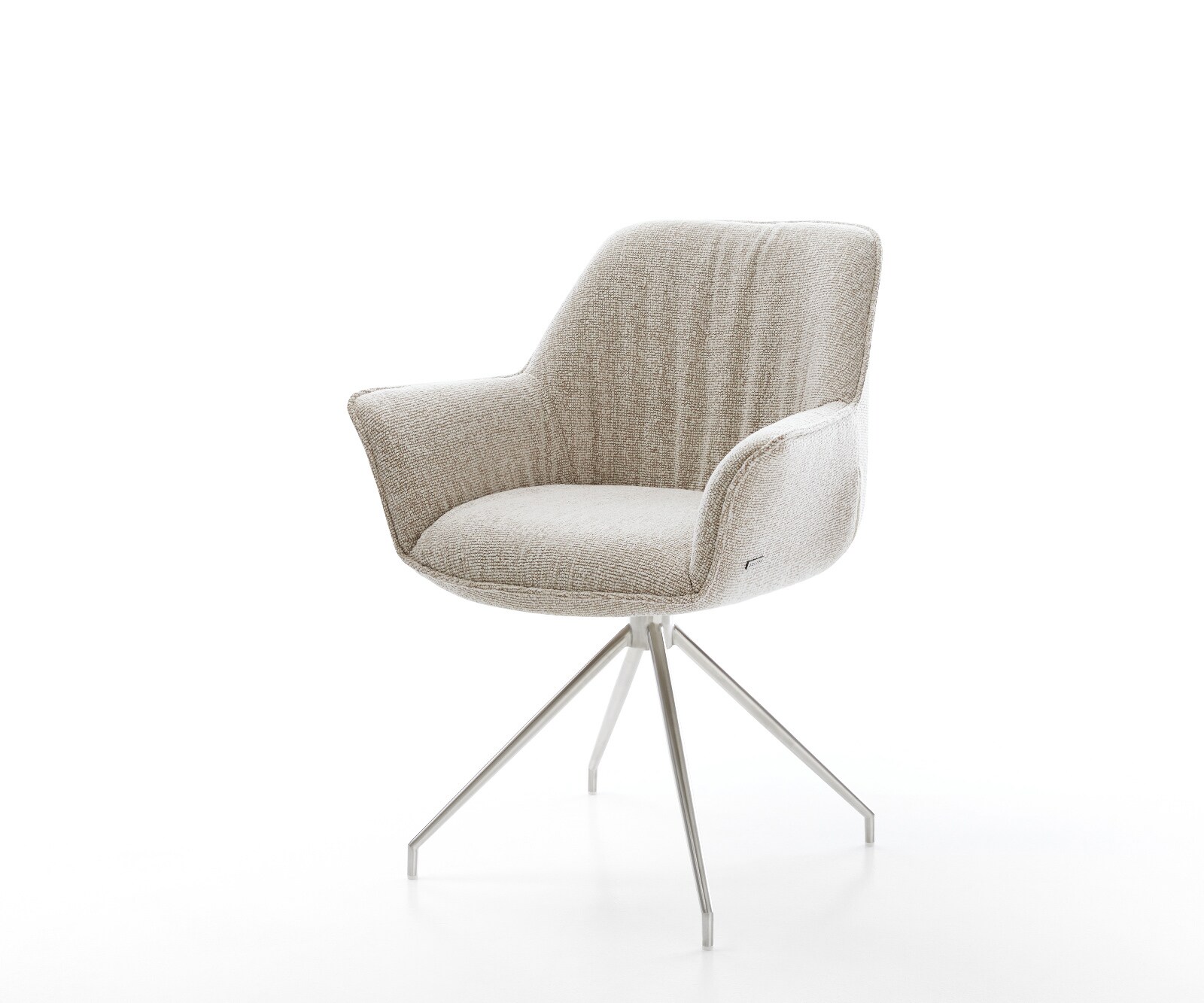 Chaise-de-salle-à-manger Keila-Flex avec accoudoirs tissu tissé doux beige pied croisé conique acier inoxydable 1