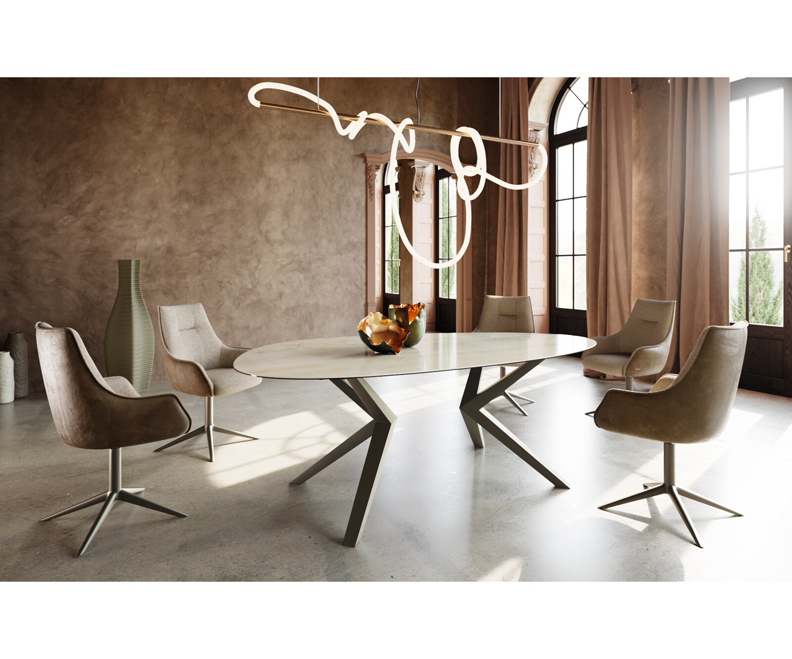 Esstisch Edge Oval 220x120 Keramik Iris FMG Onice Oro Zenthara kantig Metall Effektfinish Titan 4