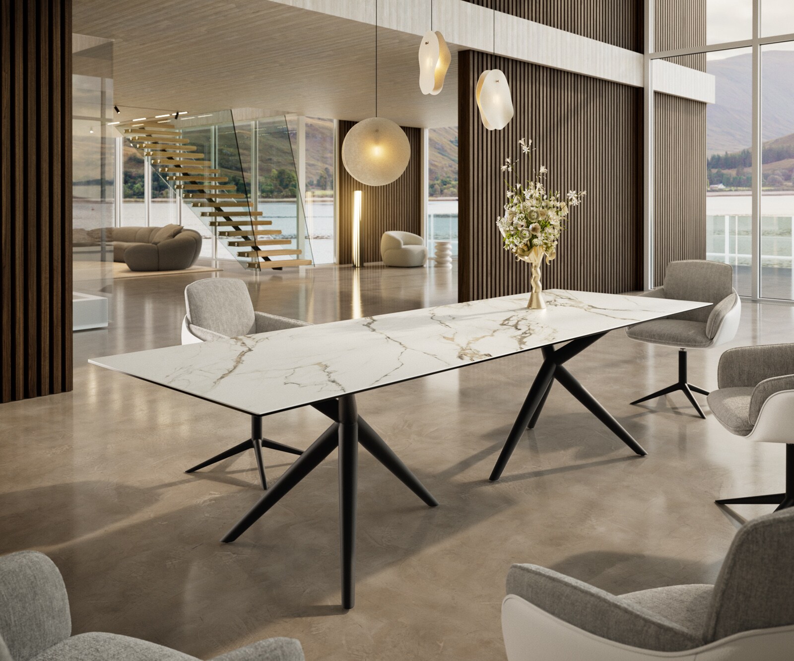 Esstisch Edge 300x100 Keramik Calacatta Luxe Weiß-Gold-Grau Estelar rund Metall Schwarz 1