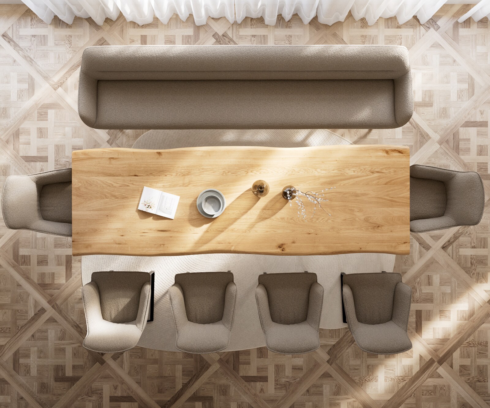 Esszimmerbank Taya-Flex 300 cm Bouclé Schlamm Kufengestell flach Schwarz Taschenfederkern 4