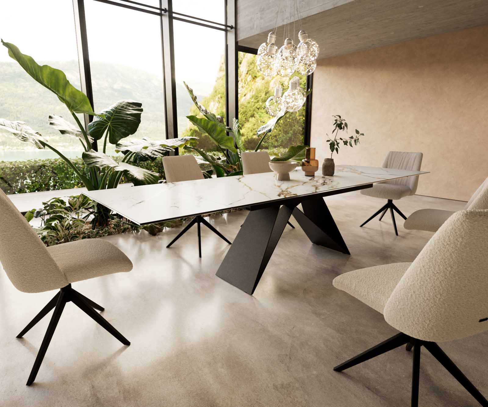 Esstisch Edge 200-300x100 Keramik Calacatta Luxe Weiß-Gold-Grau V-Gestell Flachstahl Schwarz ausziehbar 1