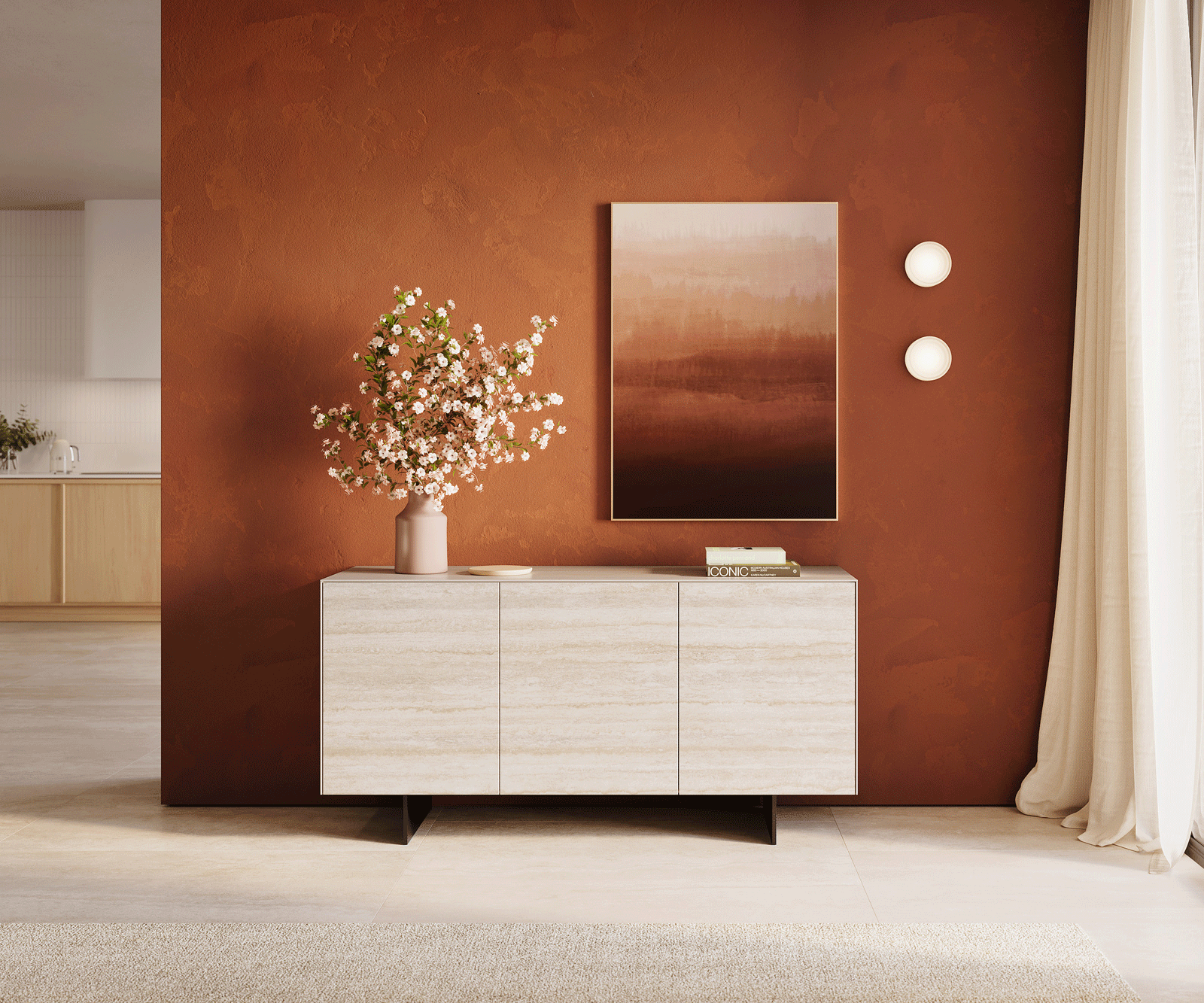 Sideboard Cuor 150 cm Keramik Laminam® Travertino Bianco Creme-Weiß 3 Türen Fuß Schwebeoptik Metall Schwarz 1