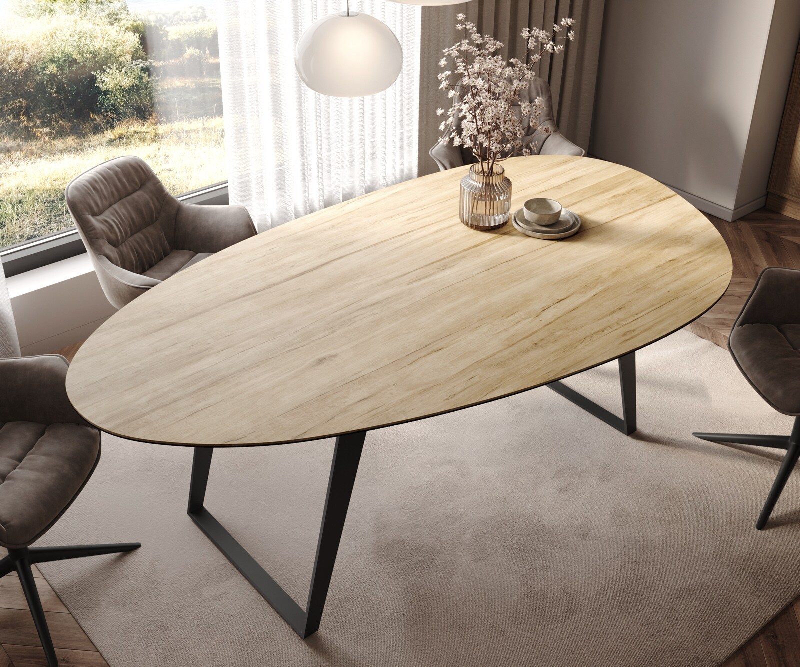 Esstisch Edge Oval 220x120 cm Keramik Laminam® Sabbia Eichefarbig Metall Schräg Schwarz 3