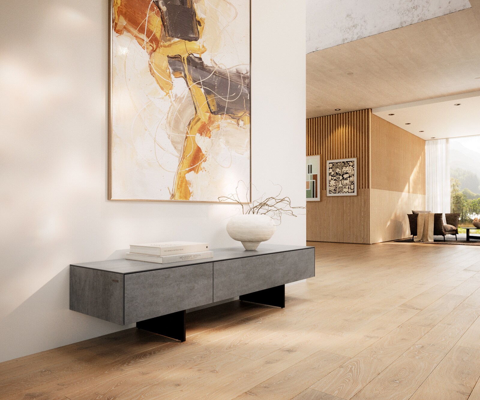 Lowboard Cuor 150 cm Keramik Beton Grau 1 Klappe 1 Schubfach Fuß Schwebeoptik Metall Schwarz