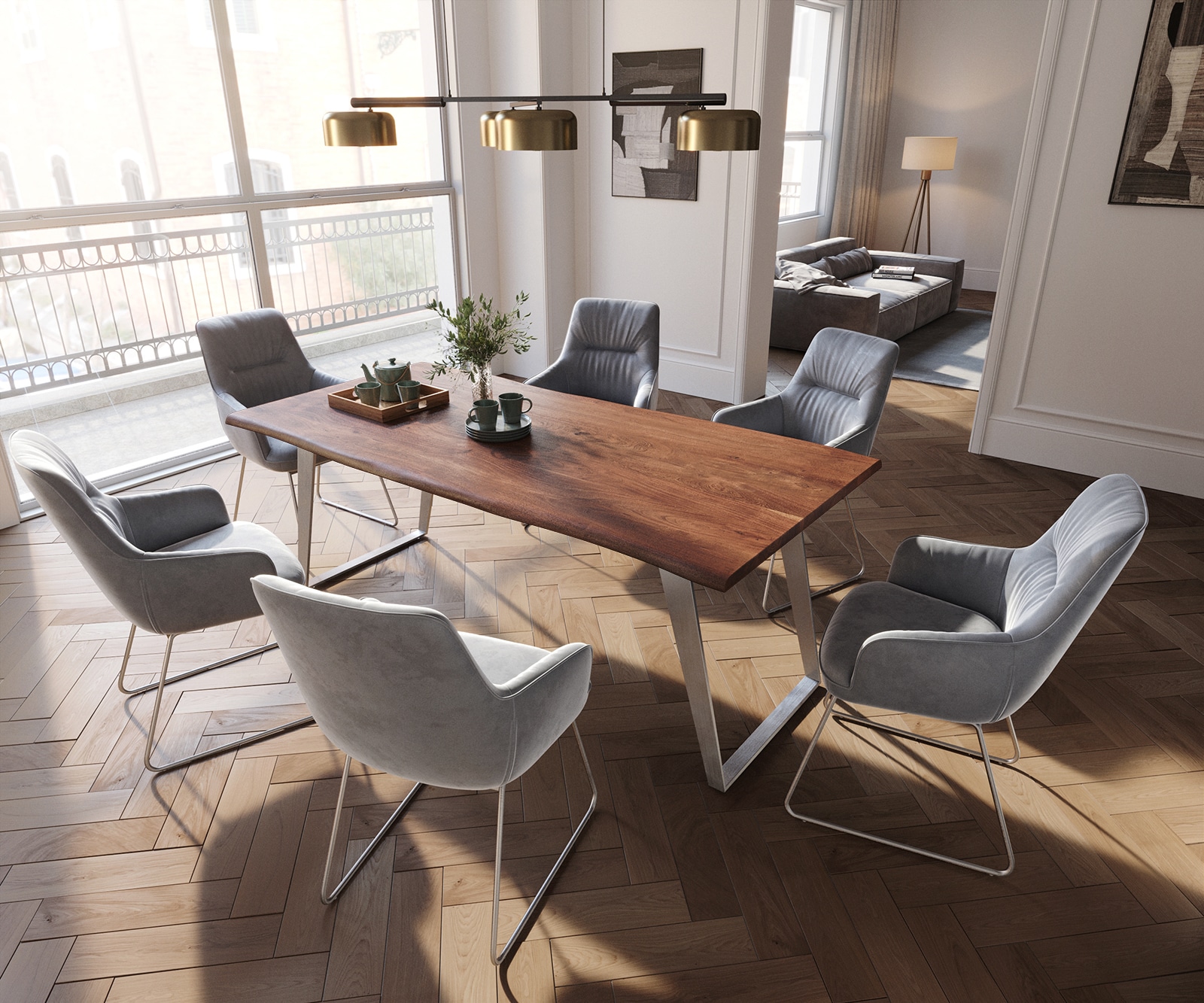 Esszimmerstuhl Zelia-Flex mit Armlehnen Samt Grau Kufengestell Edelstahl Taschenfederkern 3 Esszimmerstuhl Zelia-Flex mit Armlehnen Samt Grau Kufengestell Edelstahl Taschenfederkern 3