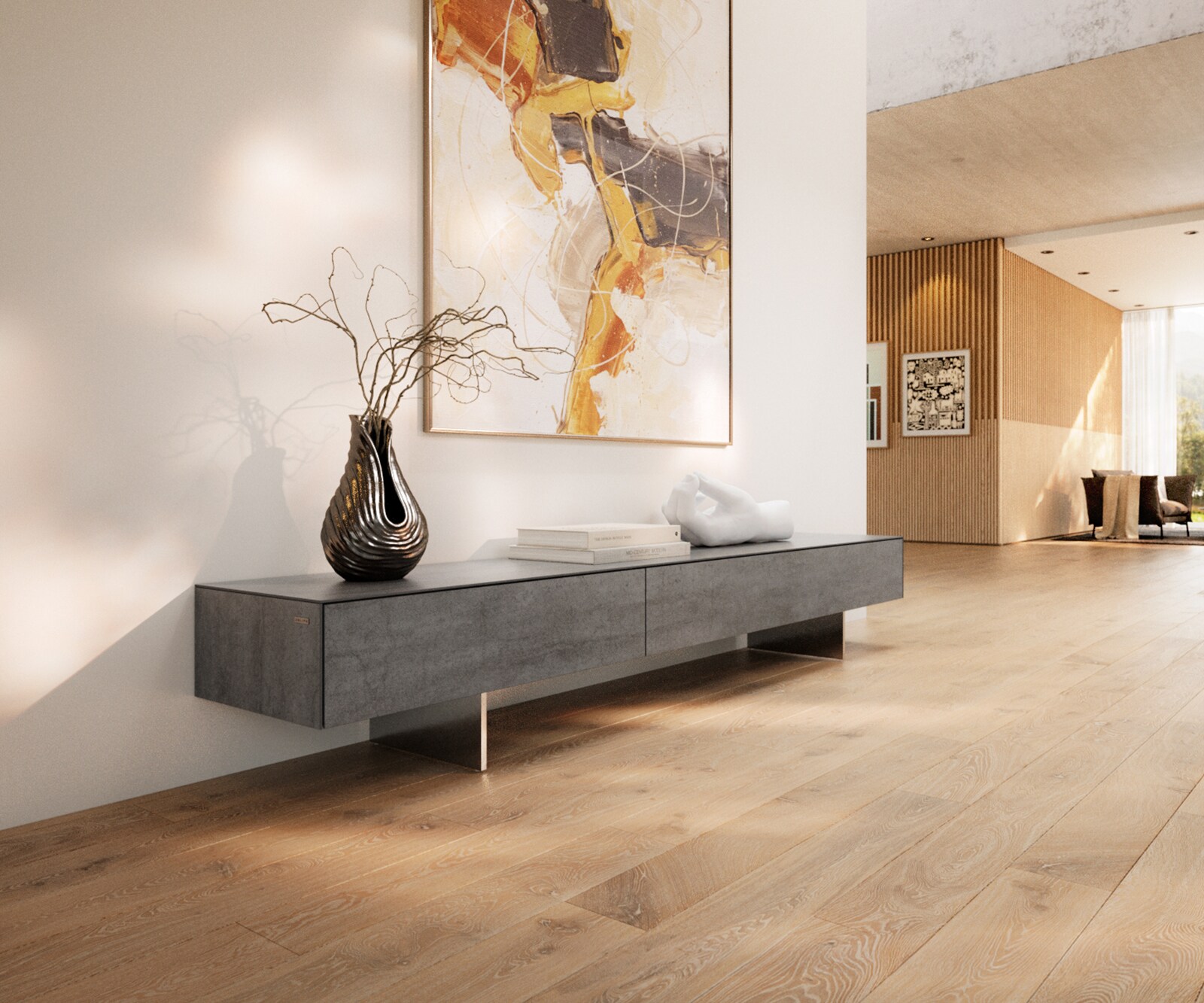 Lowboard Cuor 200 cm Keramik Beton Grau 1 Klappe 1 Schubfach Fuß Schwebeoptik Edelstahl