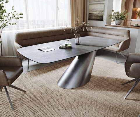 Table à manger Edge bateau 200x100 cm céramique béton gris Cono métal argenté