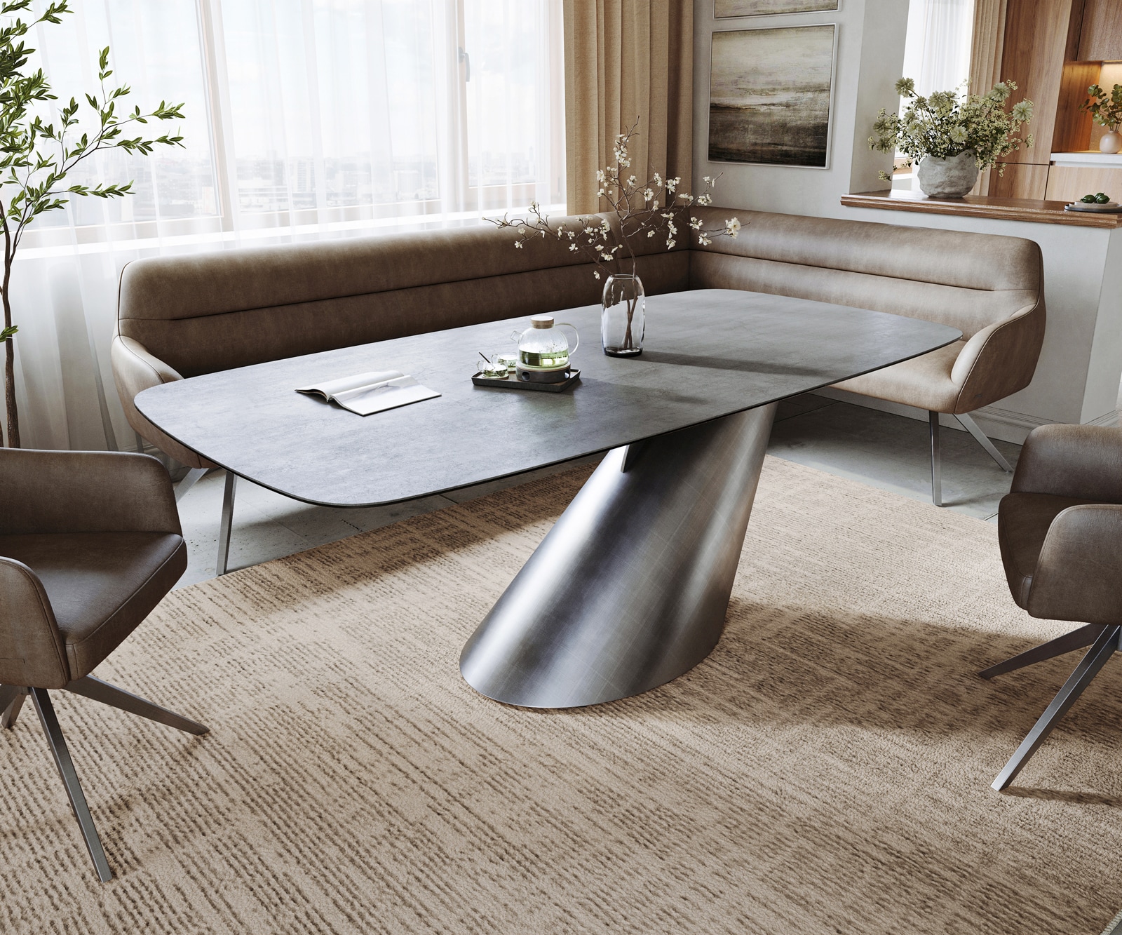 Esszimmertisch Edge Boot 200x100 cm Keramik Beton Grau Cono Metallic Silber