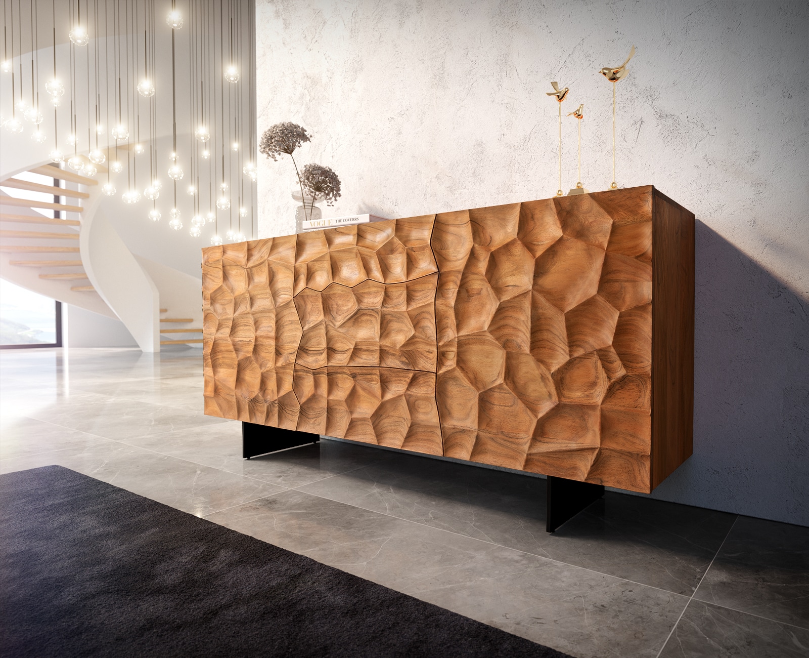 Sideboard Solu 175 cm Akazie Natur 2 Türen 3 Schübe Fuß schwebend Metall Schwarz 3D-Front Sideboard Solu 175 cm Akazie Natur 2 Türen 3 Schübe Fuß schwebend Metall Schwarz 3D-Front