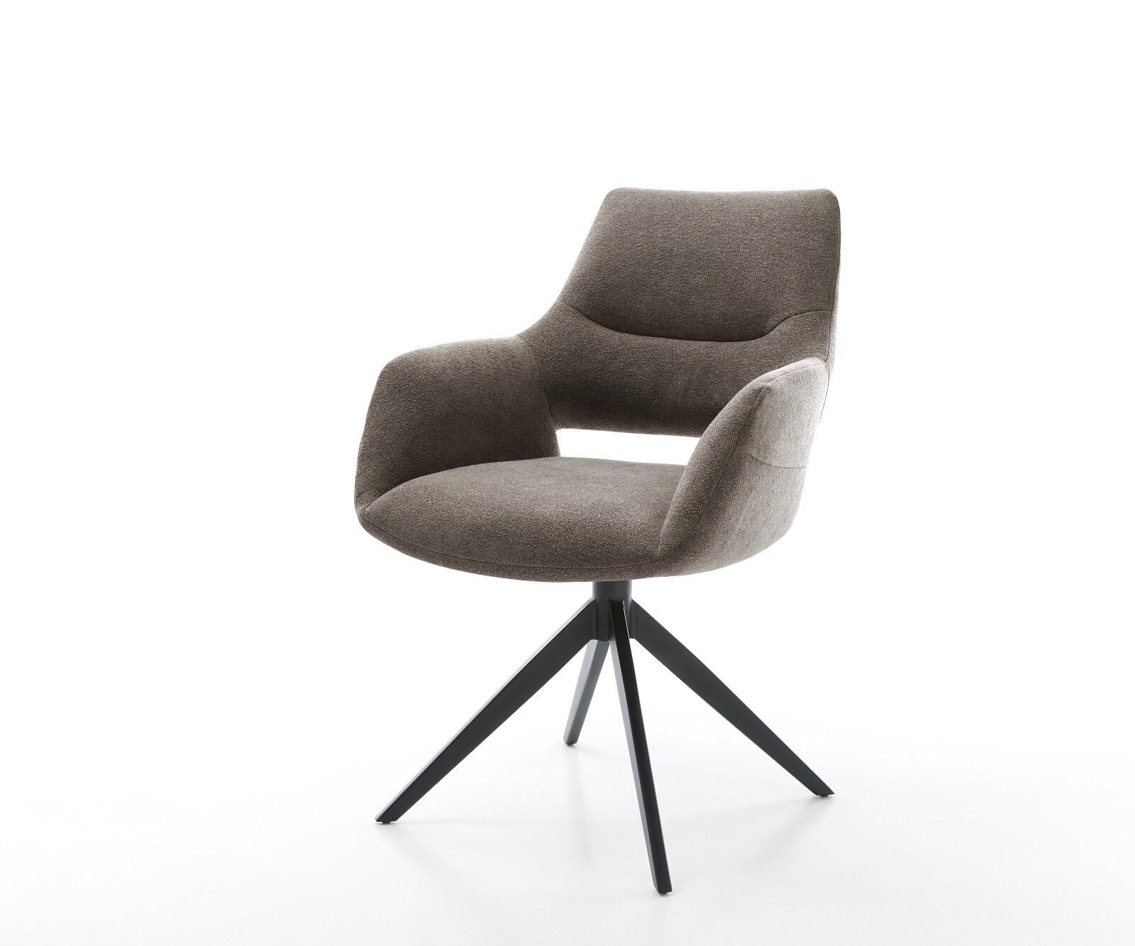Chaise-pivotante Yago-Flex avec accoudoirs tissu structuré doux taupe pied croisé large noir pivotement sur 360° fonction bascule ressorts ensachés