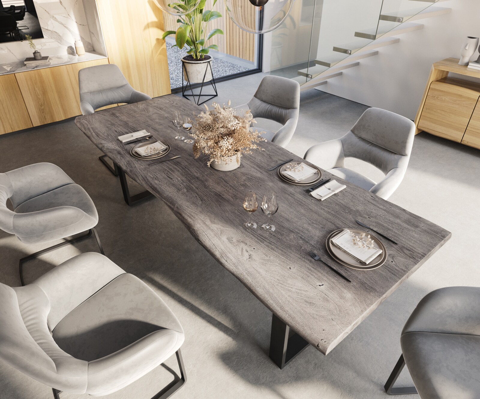 Esstisch Edge 260x100 XL Akazie Platin Metall Schmal schwarz Live-Edge 4