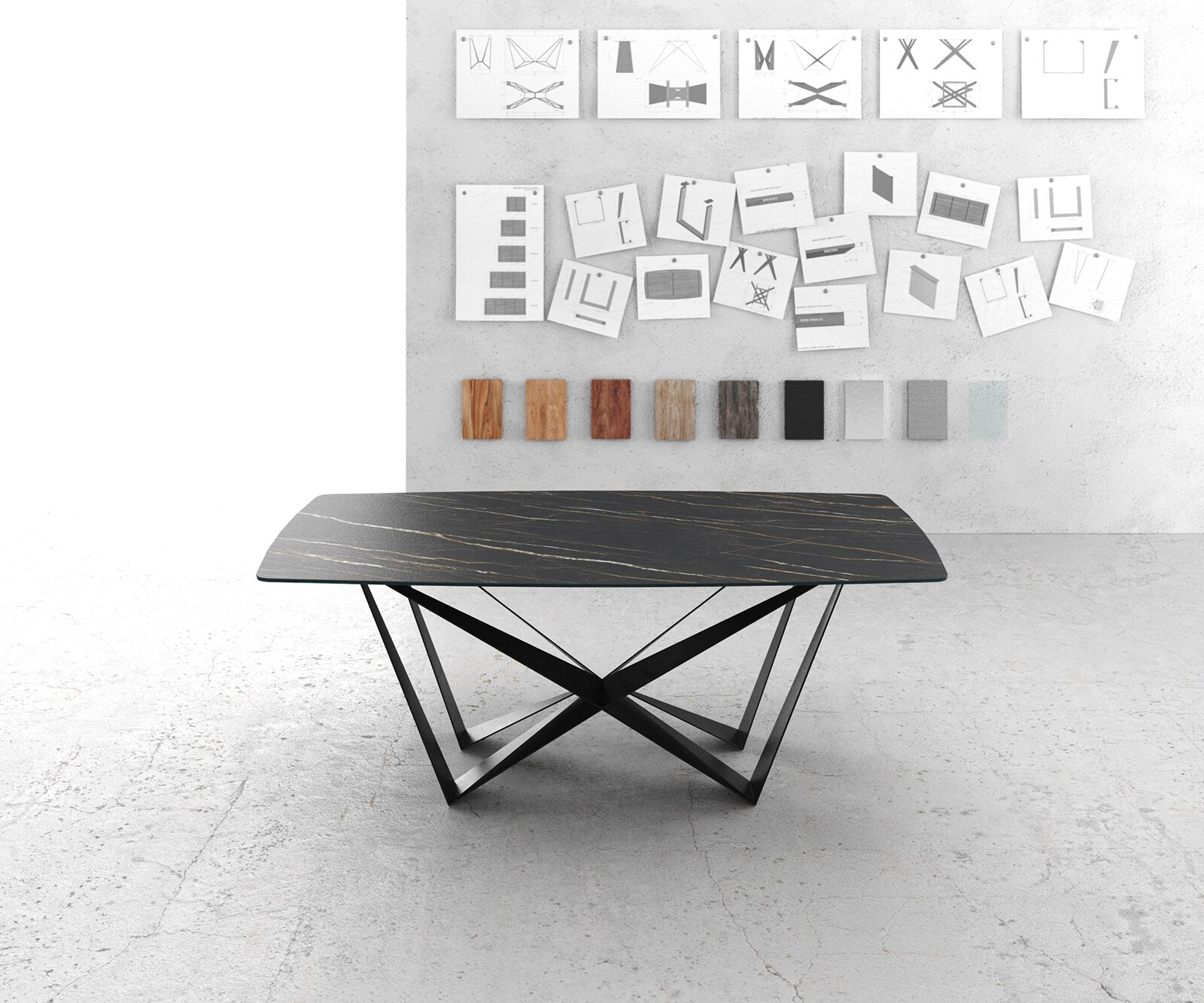 Esstisch Edge Bootsform 200x100cm Laminam® Keramik Noir Desir Braun Mittelfuß Flachstahl Schwarz 1
