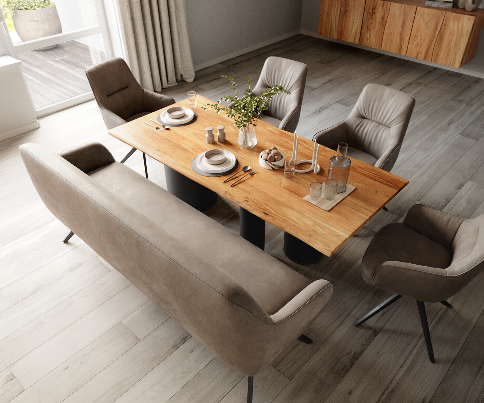 Banc-de-salle-à-manger Taya-Flex 200 cm microfibre taupe vintage pied croisé angulaire noir ressort ensaché 3