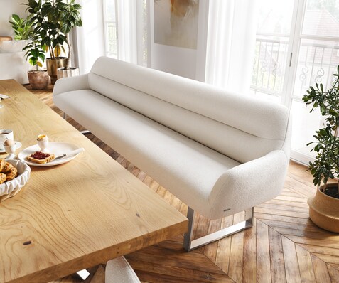 Esszimmerbank Taya-Flex 300 cm Bouclé Creme-Weiß Kufengestell kantig Edelstahl Taschenfederkern