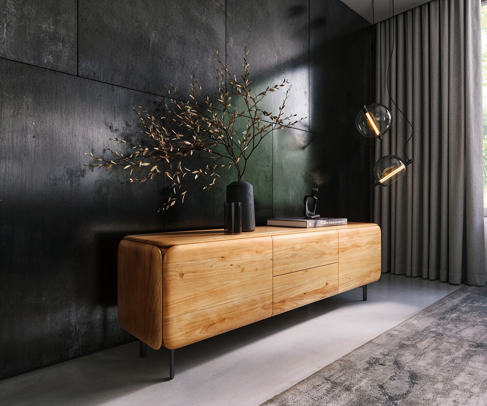 Meuble-TV Shavani 175 cm, acacia naturel, 2 portes, 2 tiroirs, piètement ovale en métal noir
