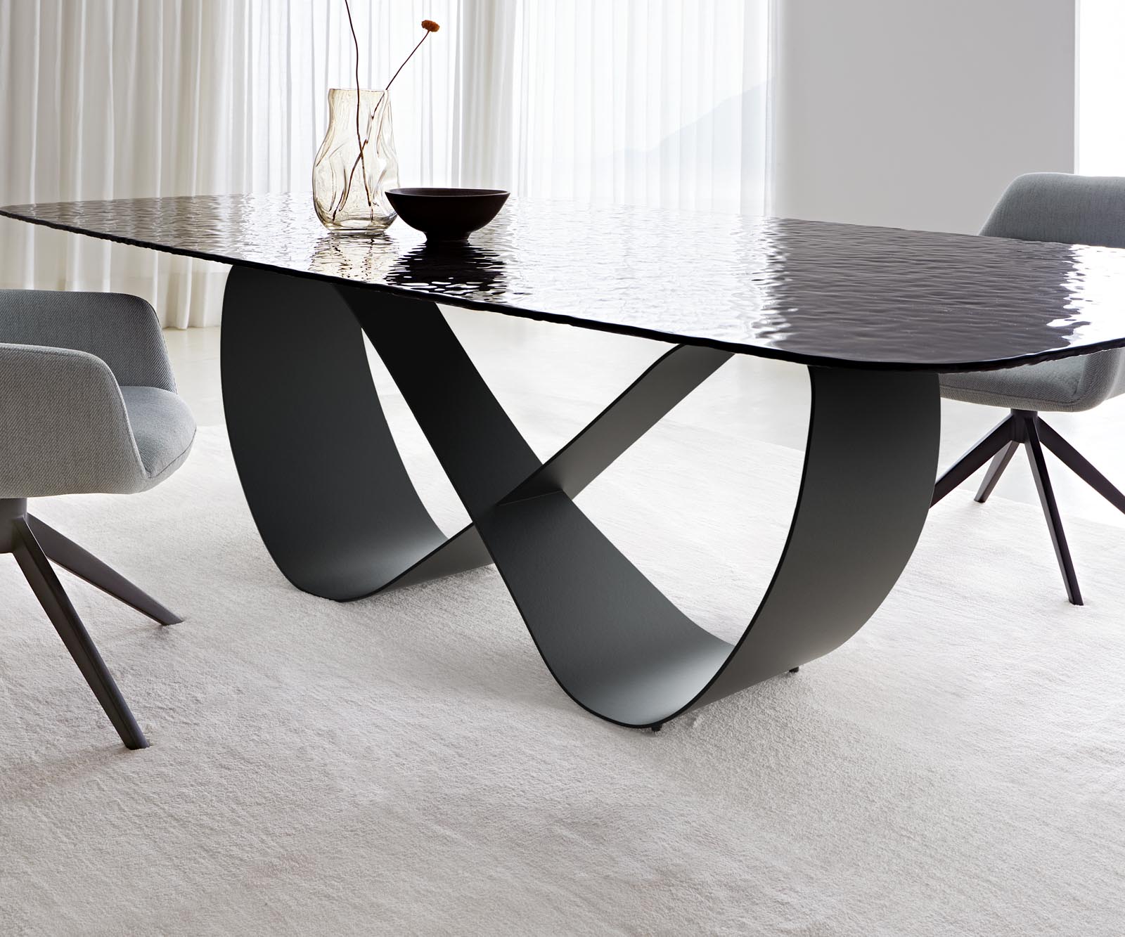 Esstisch Edge Boot 240x120 Reliefglas Rauchschwarz 3D-Design Infinity Metall Schwarz 4 Esstisch Edge Boot 240x120 Reliefglas Rauchschwarz 3D-Design Infinity Metall Schwarz 4