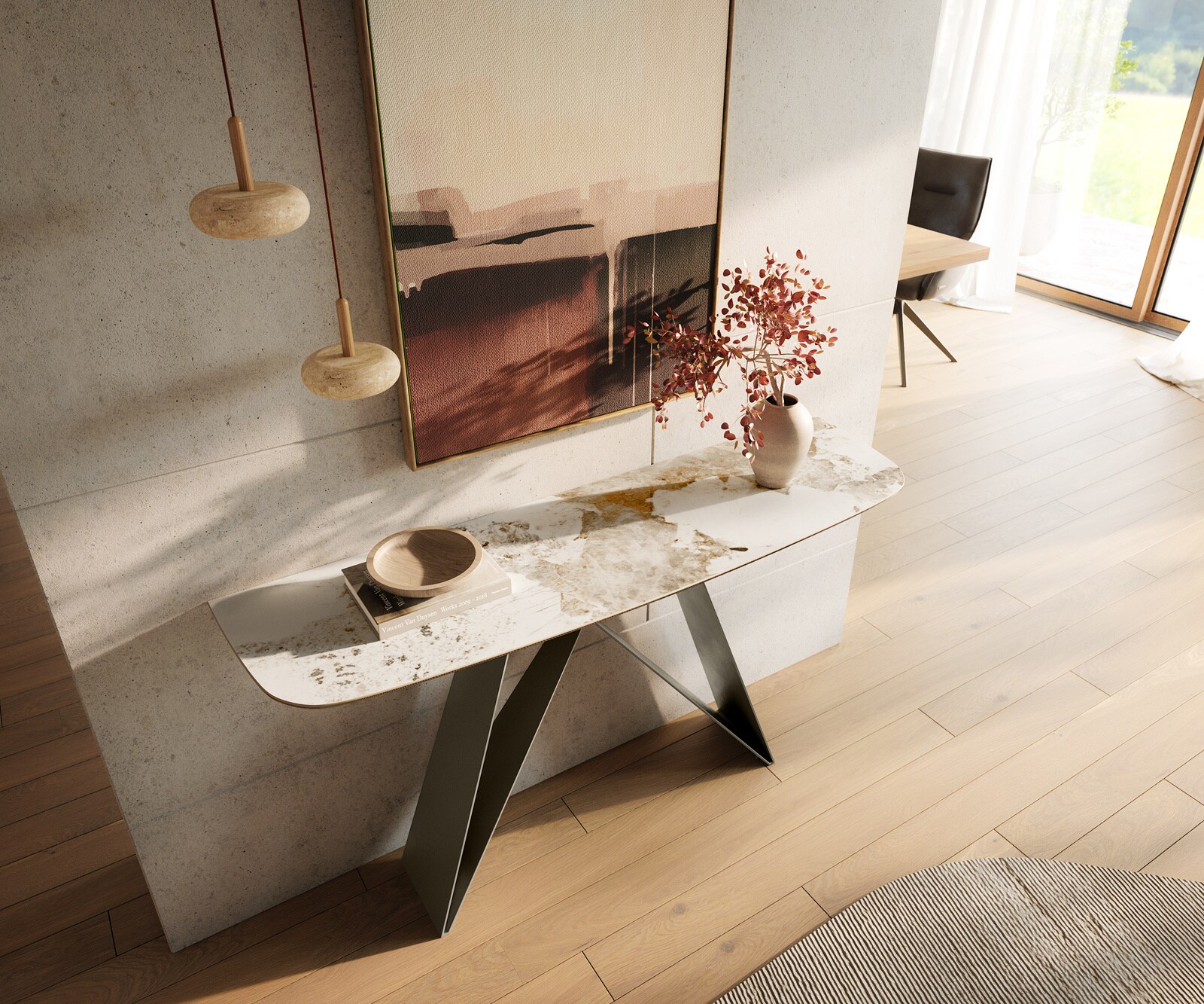 Console Edge forme bateau 140x40 cm Céramique Minas Melange Weiß-Beige Velio Métal Effektfinish Titan 2