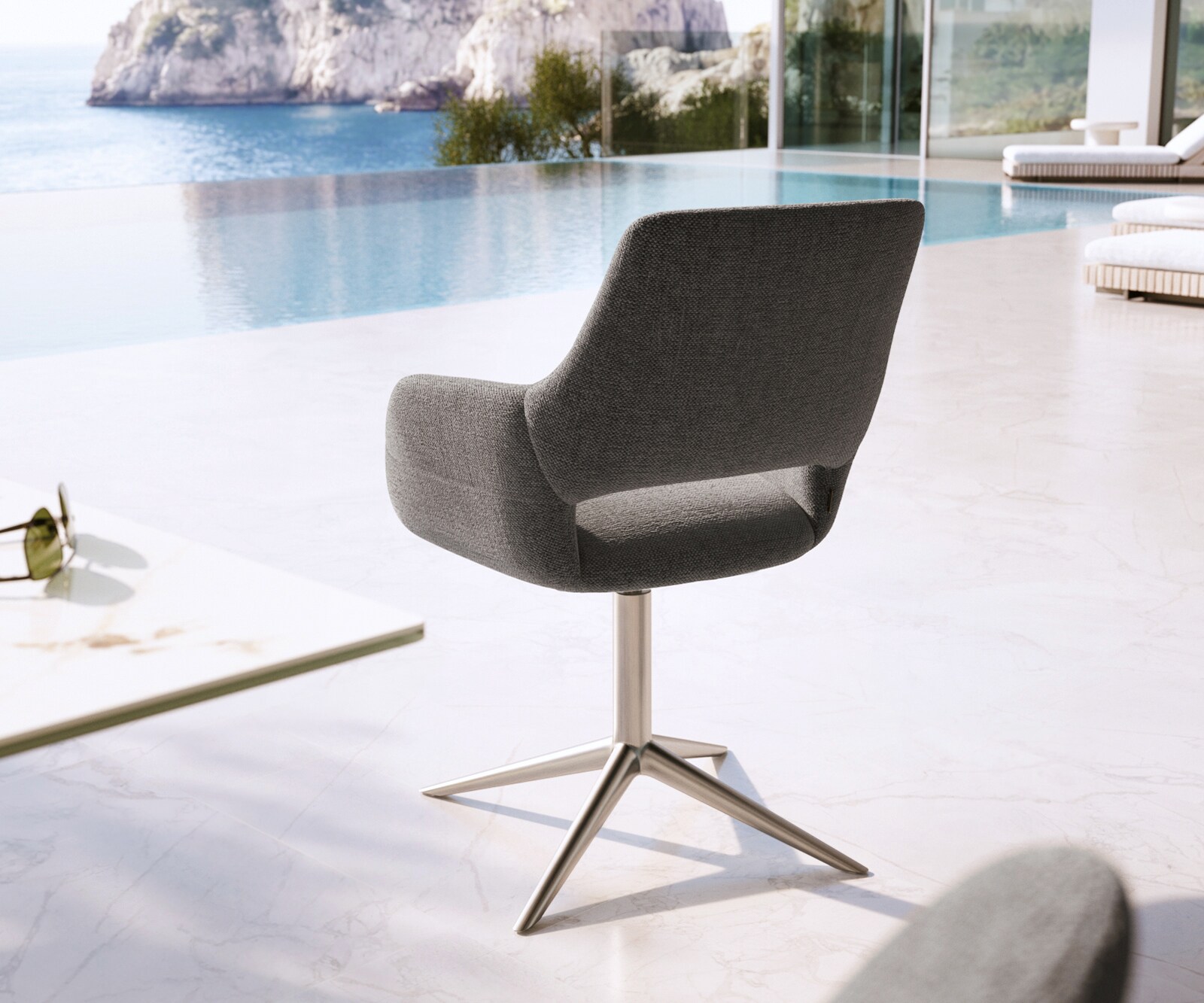Chaise-d'extérieur Yago-Flex avec accoudoirs tissu texturé graphite pied de chaise 4 branches acier inoxydable pivotement sur 360° fonction bascule 4