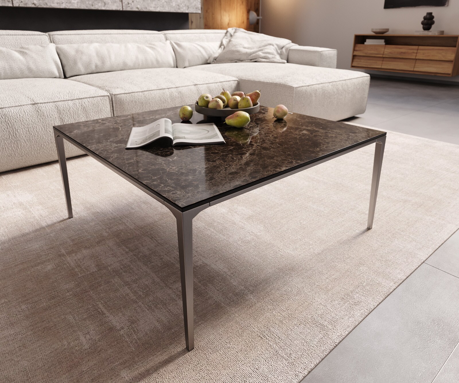 Wohnzimmertisch Levente Keramik Emperador Extra Lucidato Dunkelbraun 85x85 cm Gestell Edelstahl Silber