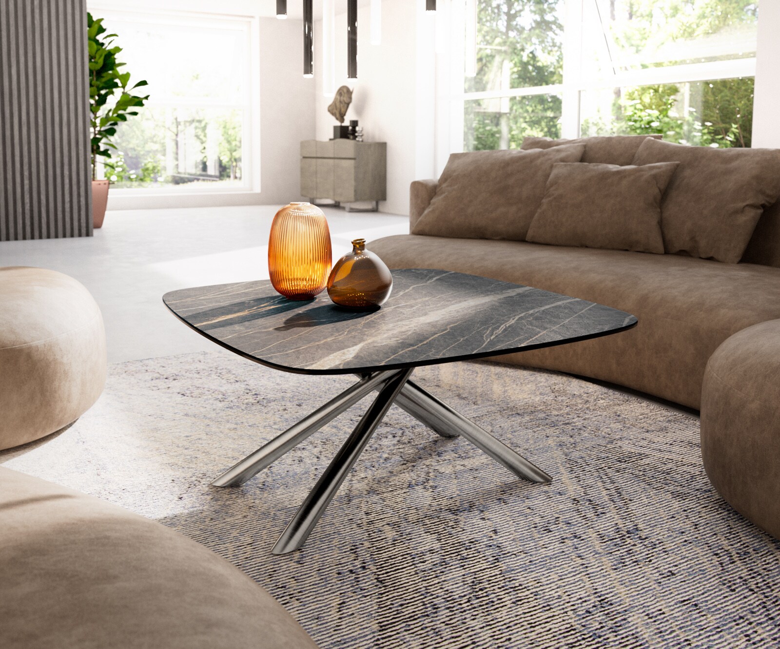 Couchtisch Edge Boot 90x90 cm Keramik Laminam® Noir Desir Braun Sarity Edelstahl gebürstet 1