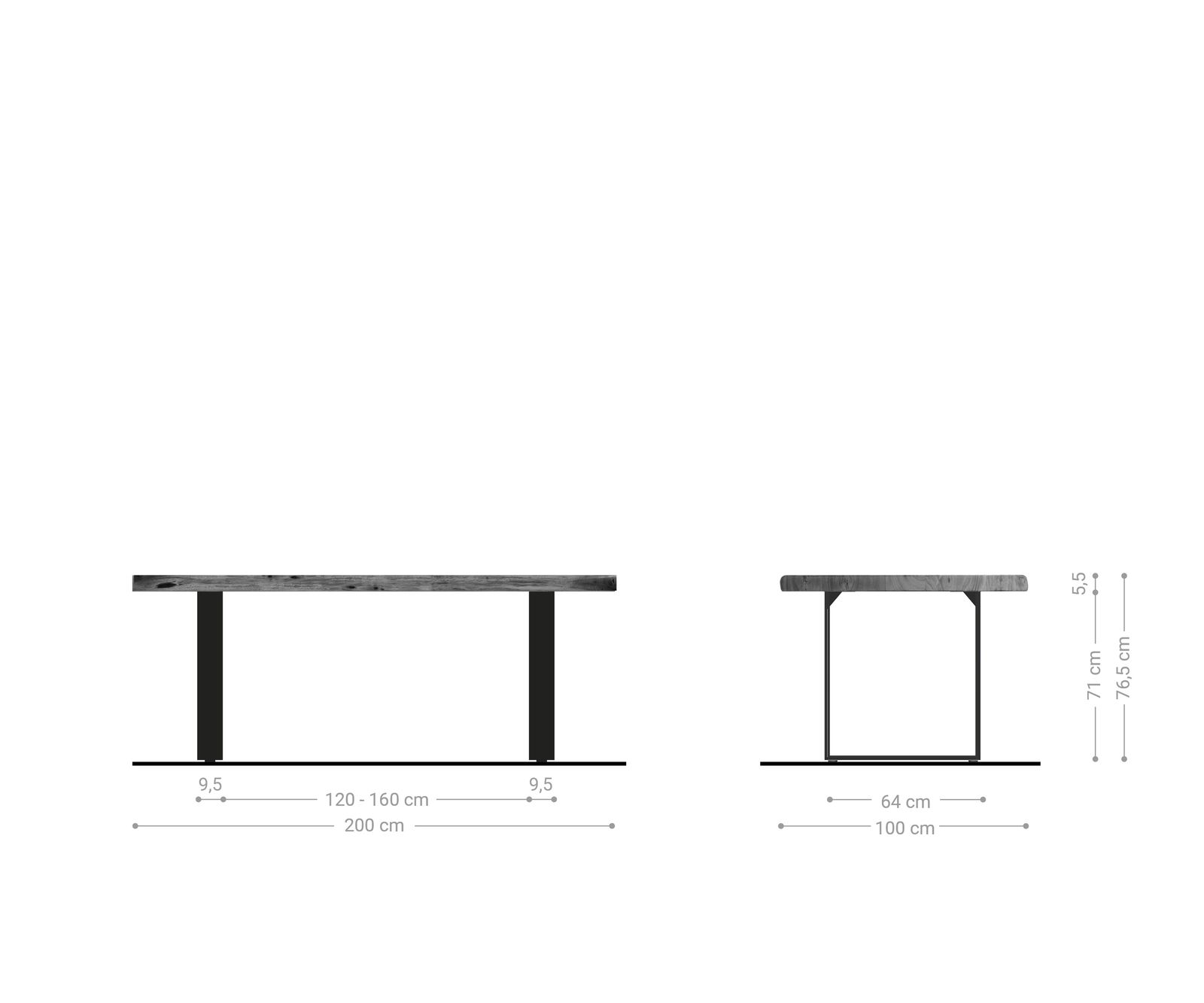 Table-à-manger Edge 200x100 XL acacia platine acier inoxydable mince Live-Edge 5