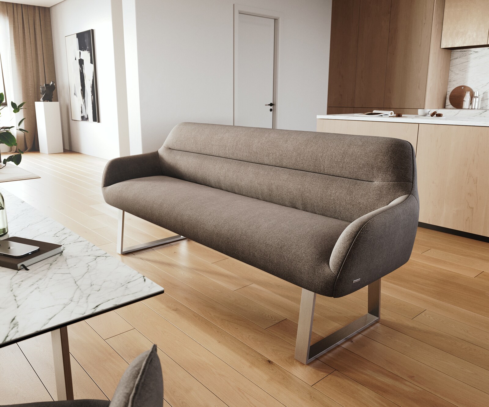 Banc-de-salle-à-manger Taya-Flex 200 cm tissu structuré doux taupe piètement à patins angulaire acier inoxydable ressort ensaché