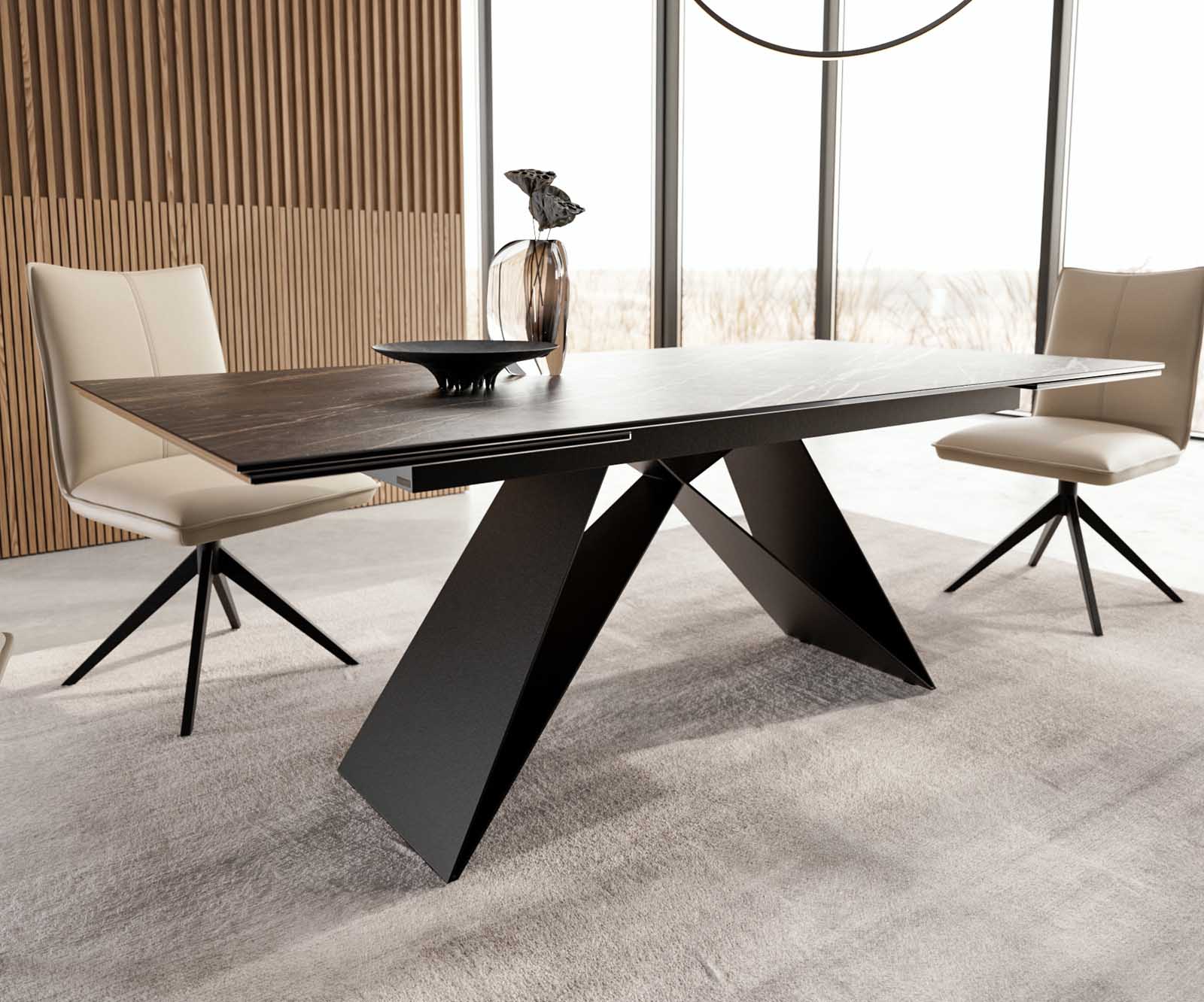 Table à manger Edge 200-300x100 céramique Laminam®Noir Desir marron cadre en V acier plat noir extensible 5