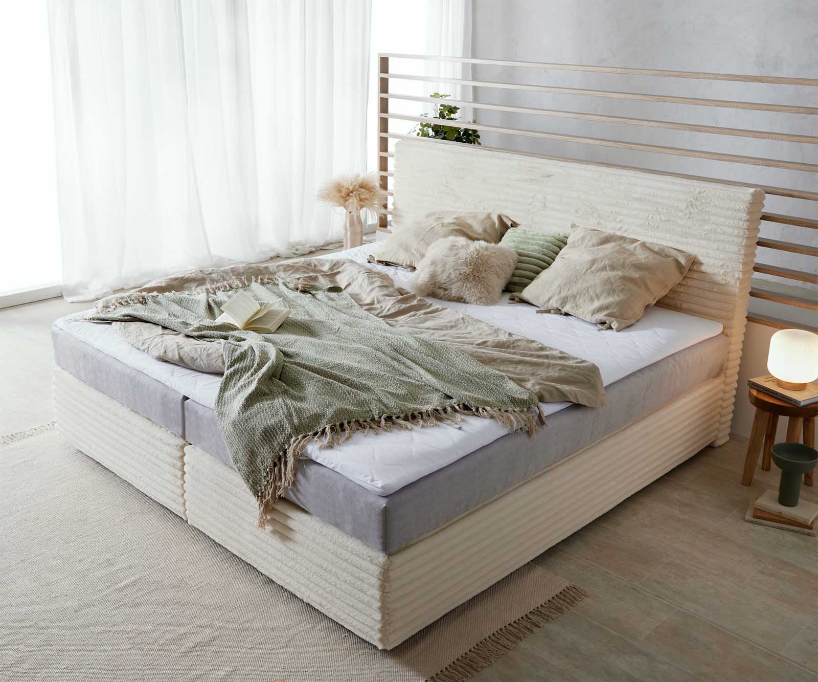 Lit à sommier tapissier Dream-Well Velours côtelé beige 200x200 cm avec matelas à ressorts ensachés et surmatelas viscoélastique 3