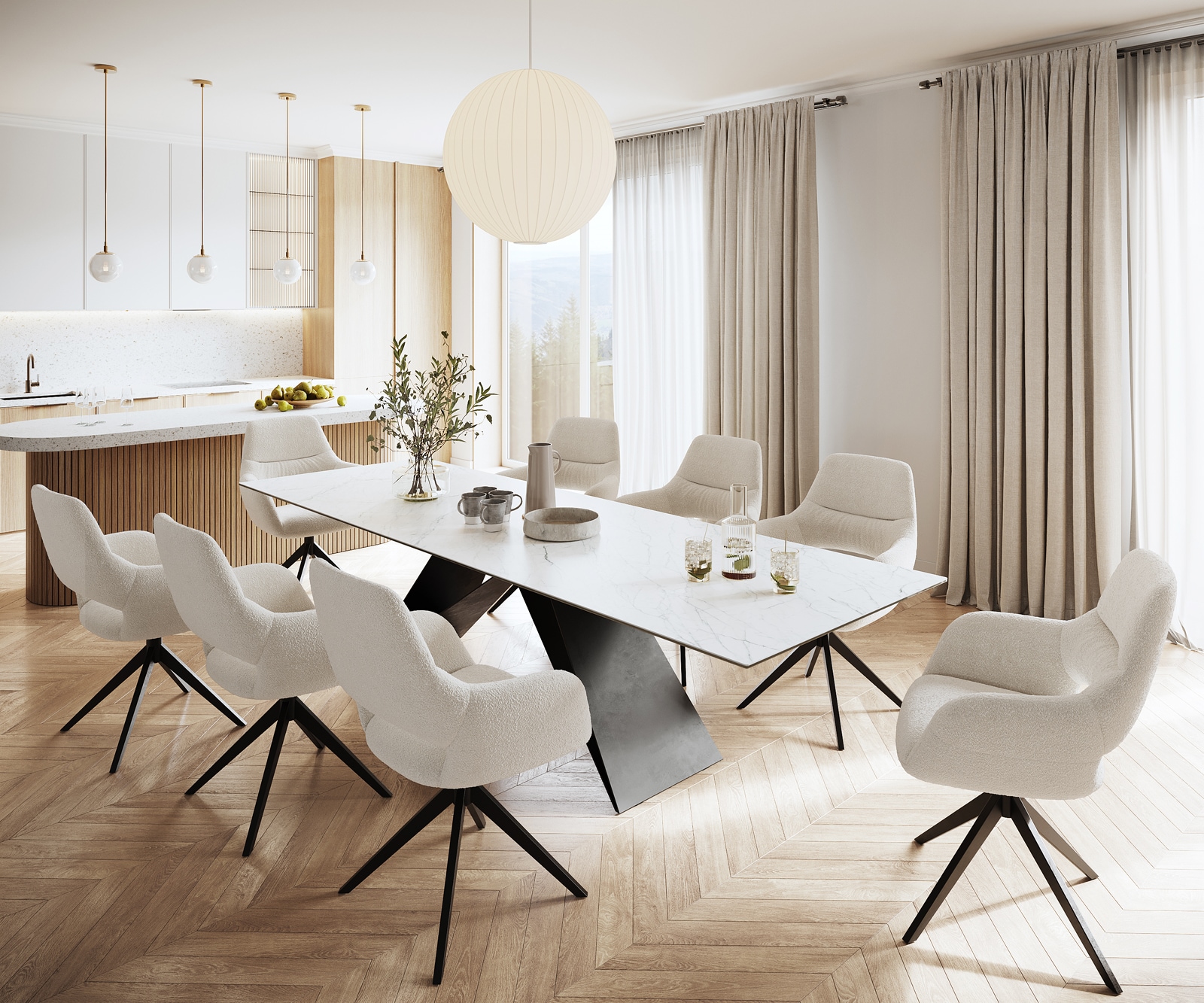 Esstisch Edge 300x100cm Keramik Laminam®Statuarietto Weiß V-Mittelfuß Schwarz 7