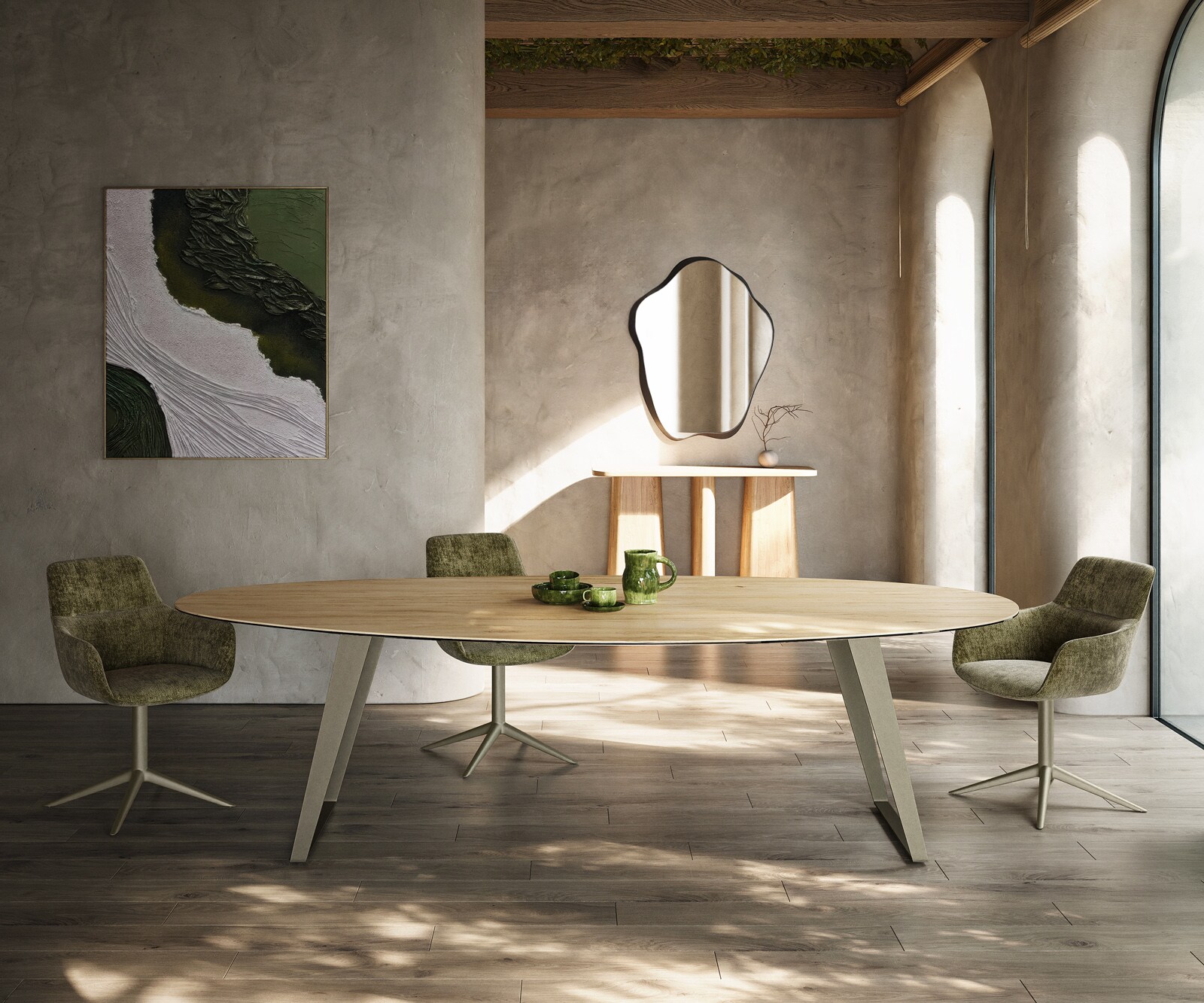 Esstisch Edge Oval 280x130 cm Keramik Laminam® Sabbia Eichefarbig Metall Schräg Effektfinish Titan 1