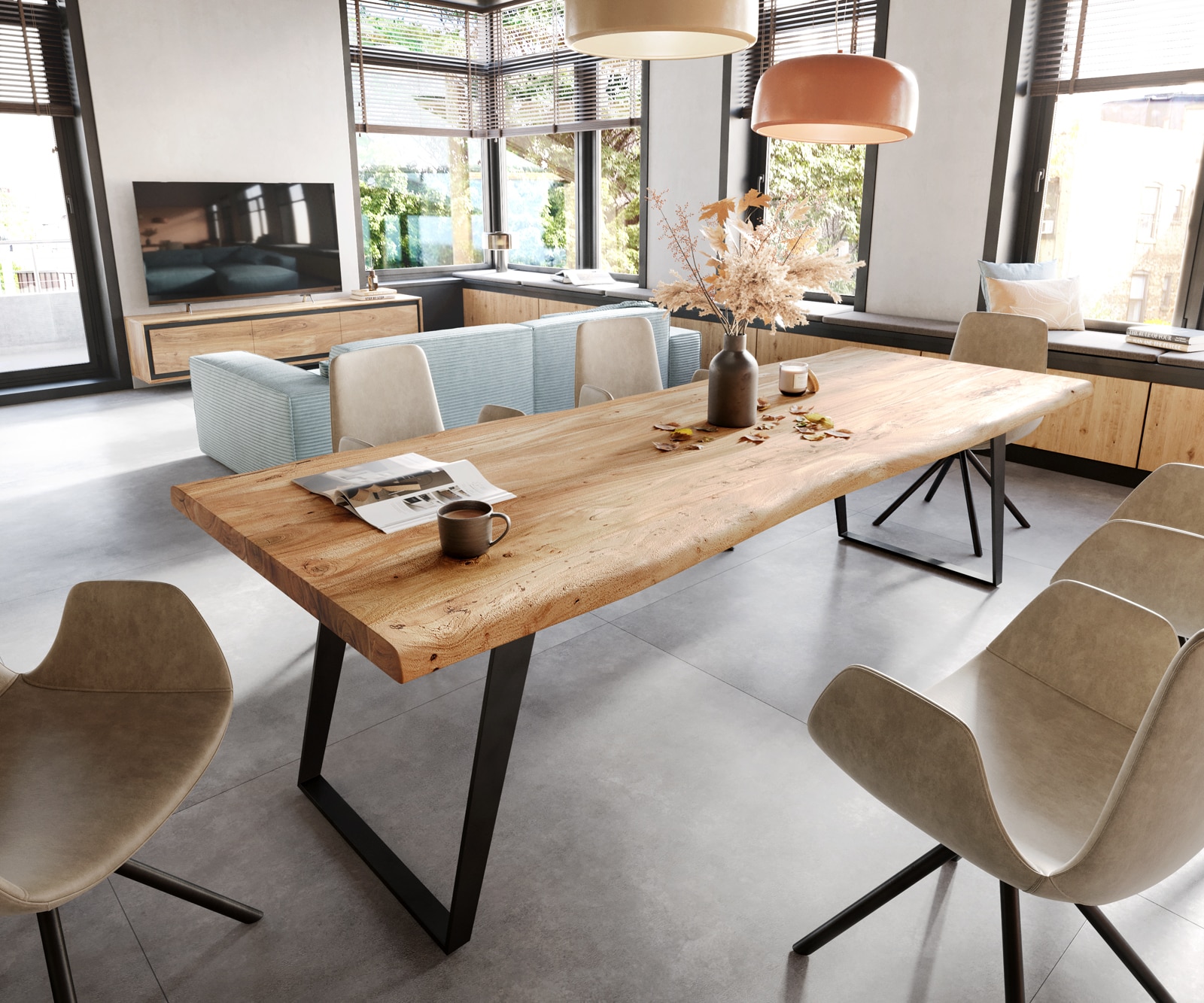 Esstisch Edge 260x100 XL Akazie Natur Metall Schräg Live-Edge Esstisch Edge 260x100 XL Akazie Natur Metall Schräg Live-Edge