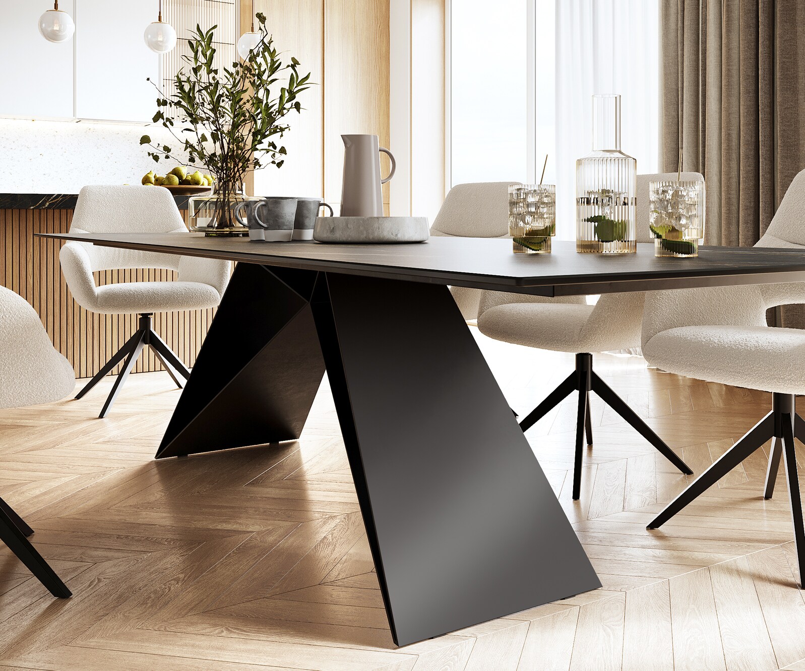 Esstisch Edge 300x100cm Keramik Laminam®Noir Desir Braun V-Mittelfuß Schwarz 4